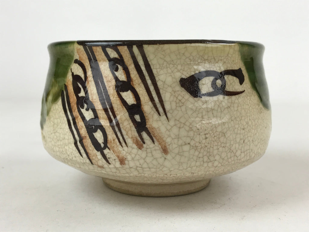 Japanese Ceramic Green Tea Bowl Vtg Oribe Green Brown Floral Crackle Glaze CHB24