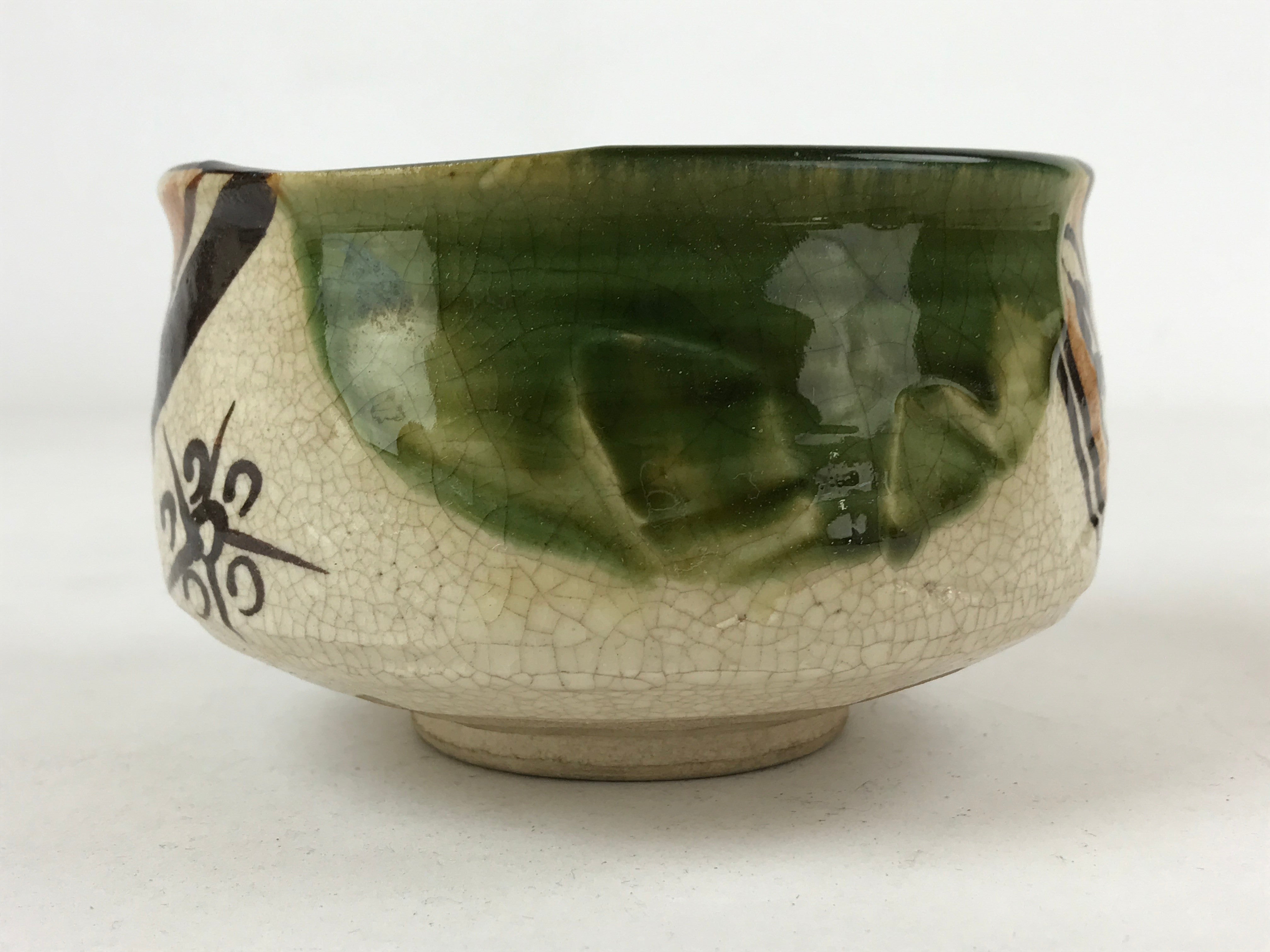 Japanese Ceramic Green Tea Bowl Vtg Oribe Green Brown Floral Crackle Glaze CHB24
