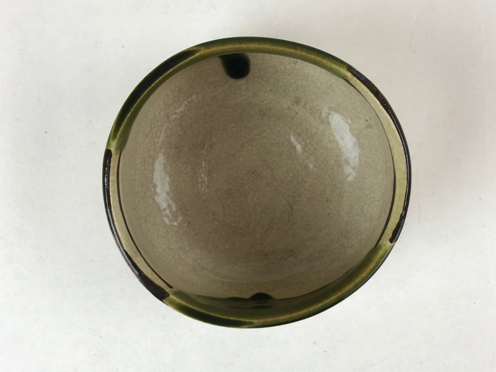 Japanese Ceramic Green Tea Bowl Vtg Oribe Green Brown Floral Crackle Glaze CHB24