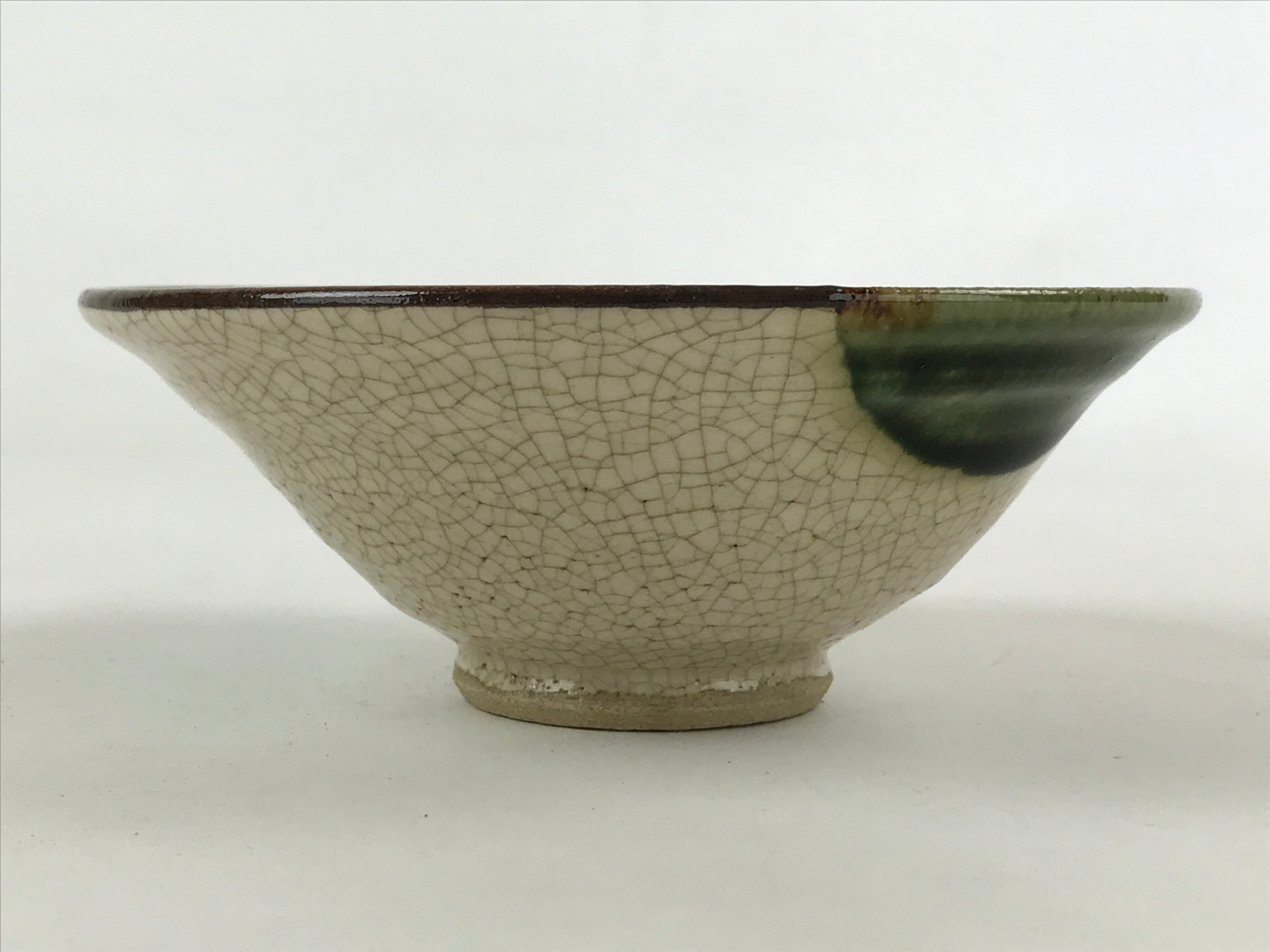 Japanese Ceramic Green Tea Bowl Vtg Oribe Ware Green Brown Flower Chawan GTB997