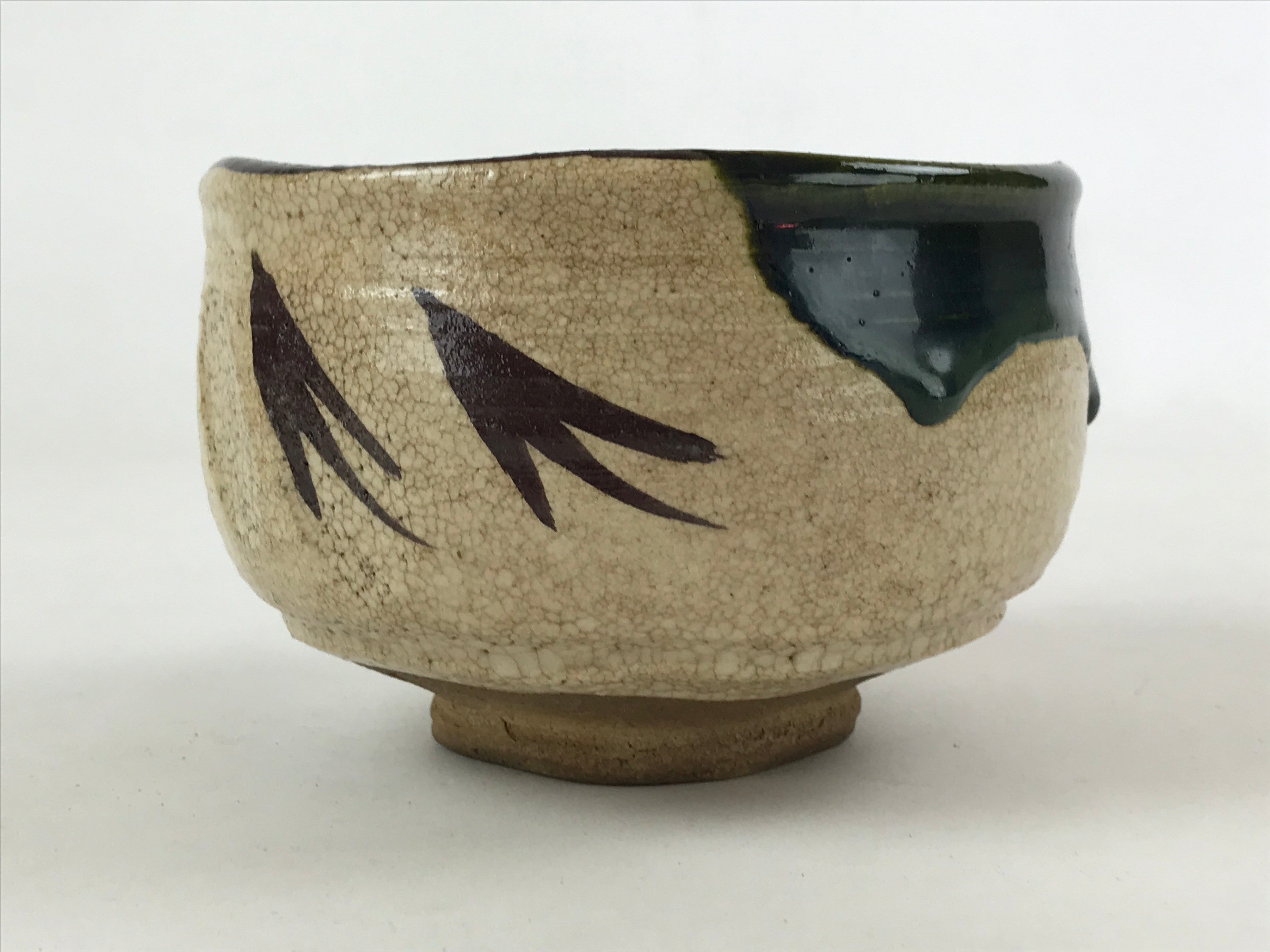 Japanese Ceramic Green Tea Bowl Vtg Oribe Ware Green Brown Matcha Chawan GTB995