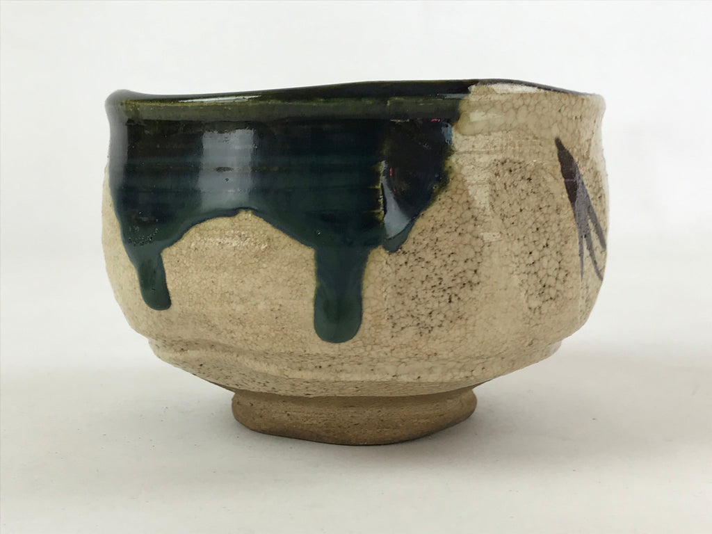 Japanese Ceramic Green Tea Bowl Vtg Oribe Ware Green Brown Matcha Chawan GTB995