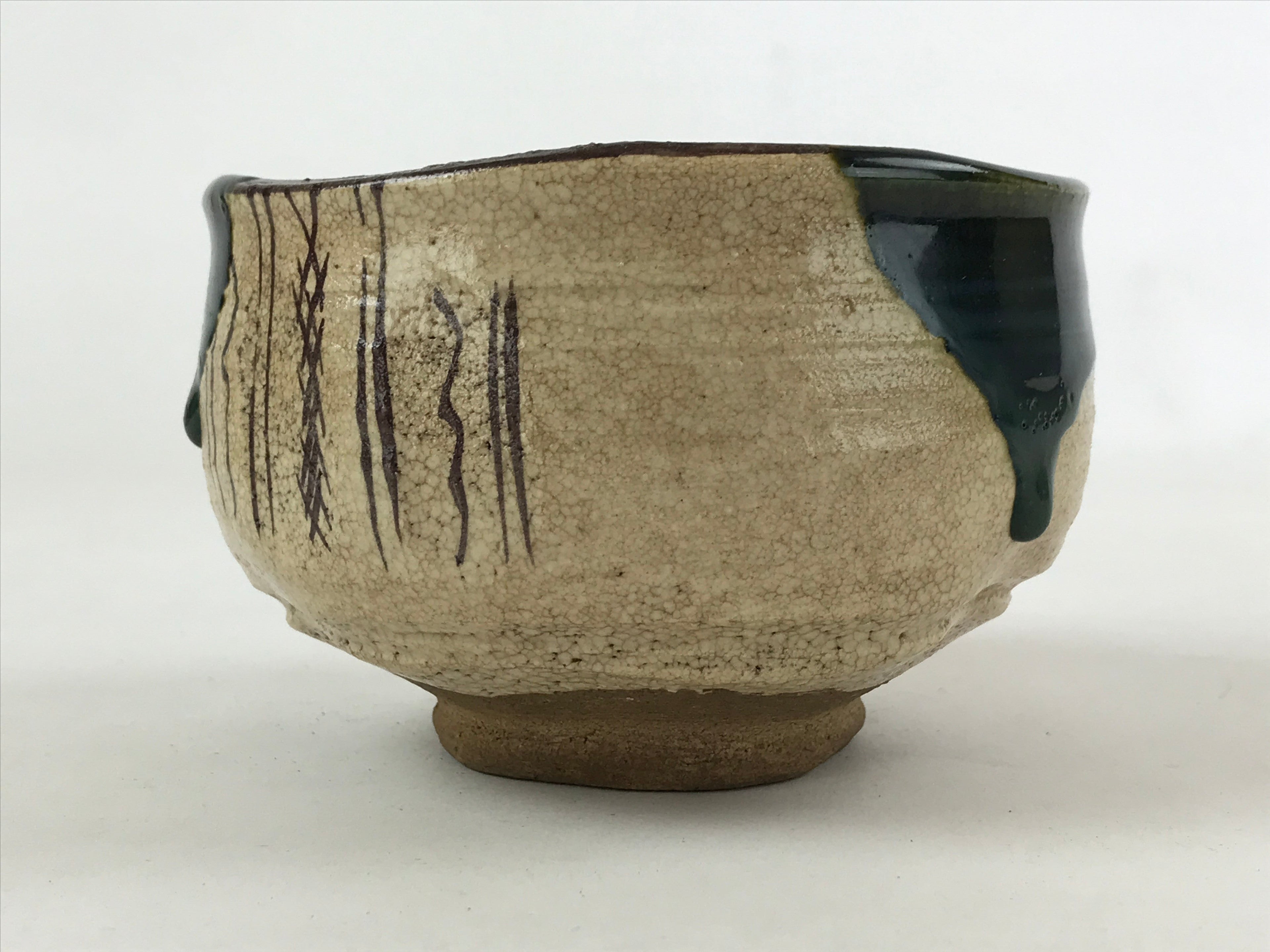Japanese Ceramic Green Tea Bowl Vtg Oribe Ware Green Brown Matcha Chawan GTB995