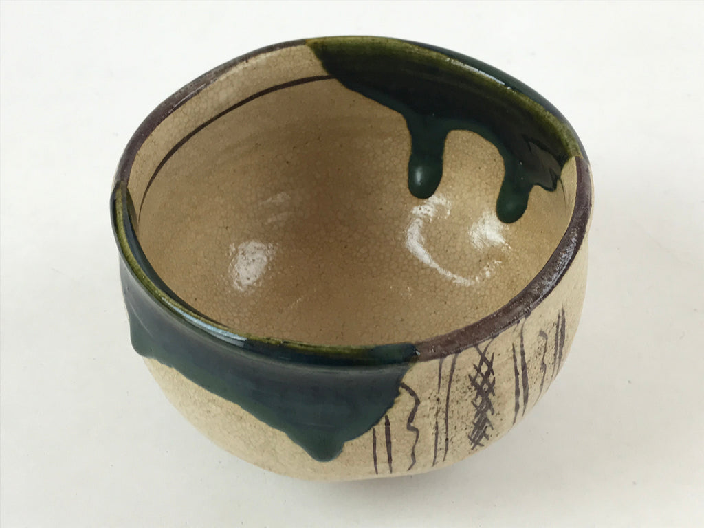 Japanese Ceramic Green Tea Bowl Vtg Oribe Ware Green Brown Matcha Chawan GTB995