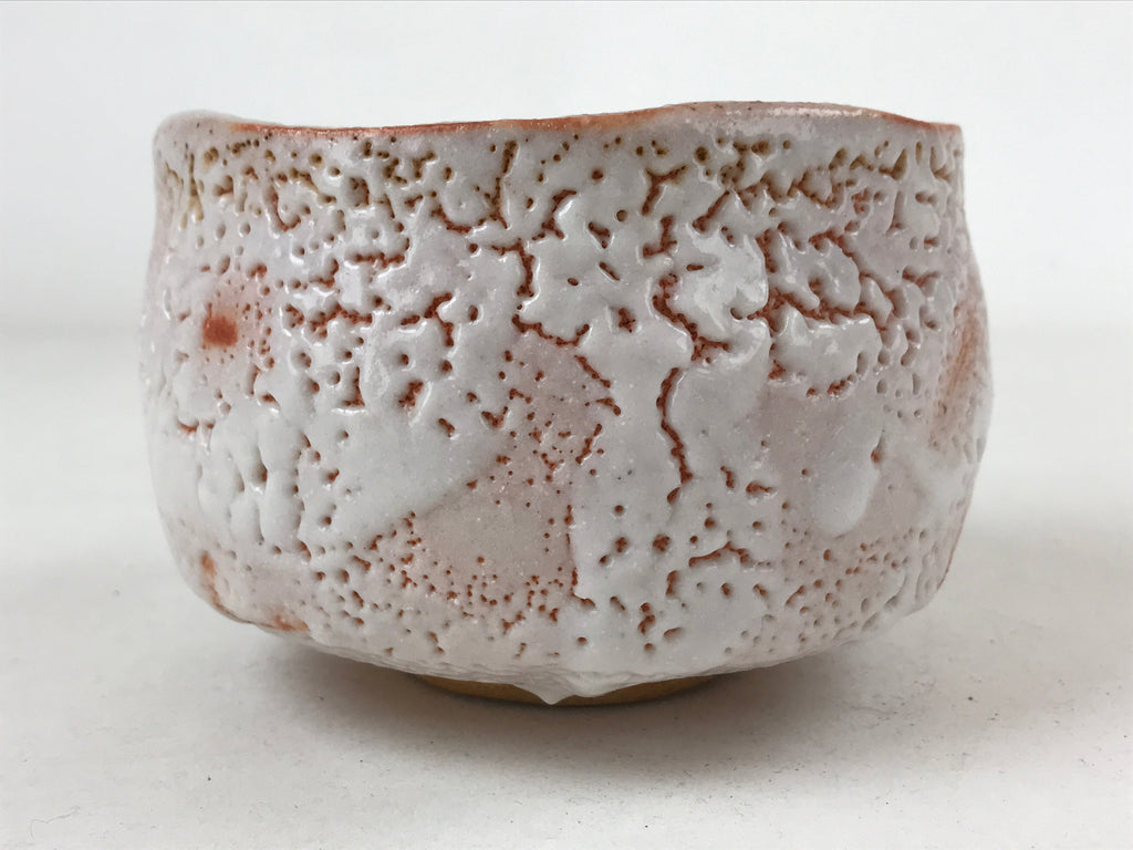 Japanese Ceramic Green Tea Bowl Vtg Shino Ware White Orange Pink Chawan CHB26