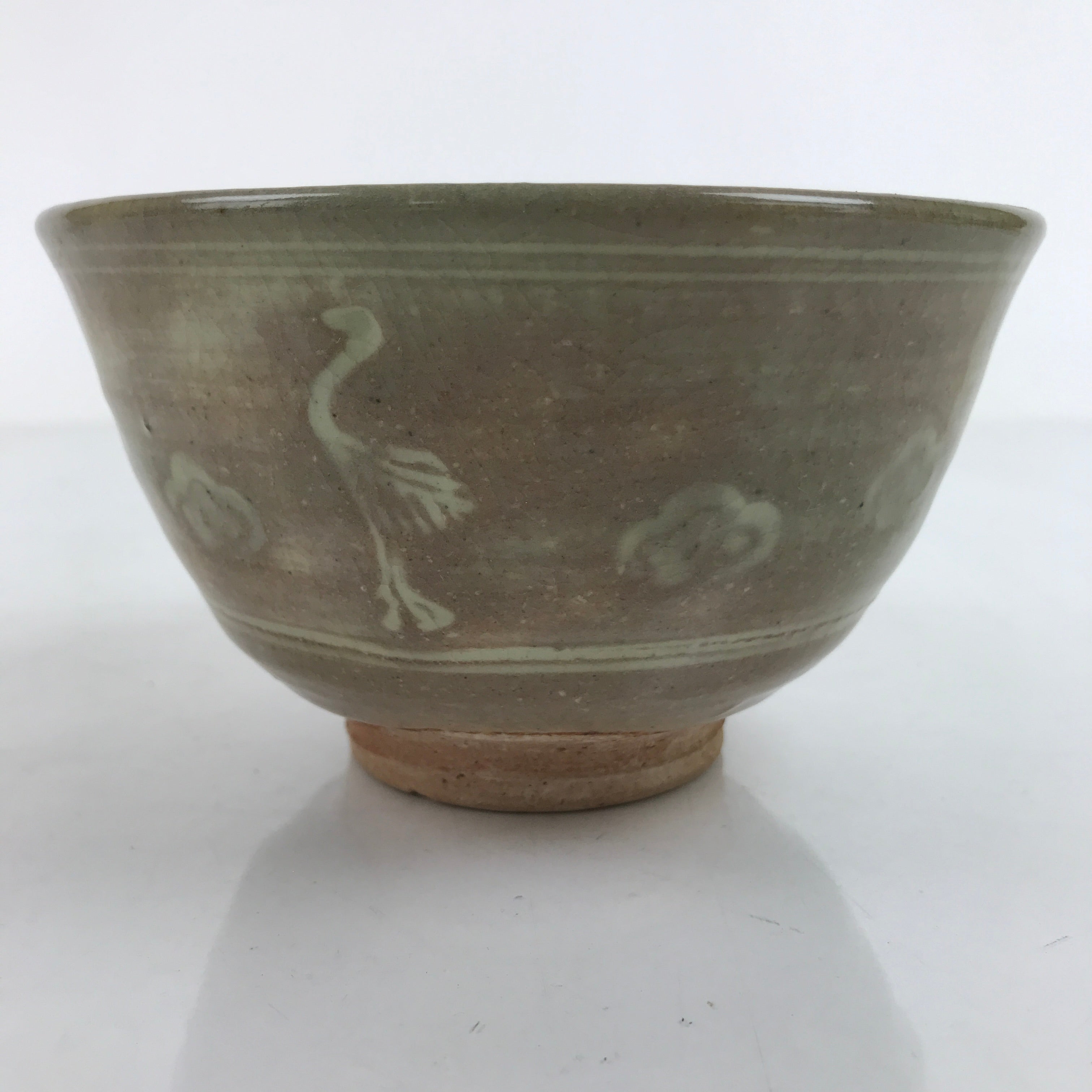 Japanese Ceramic Green Tea Ceremony Bowl Matcha Chawan Vtg Ducks Green CHB50