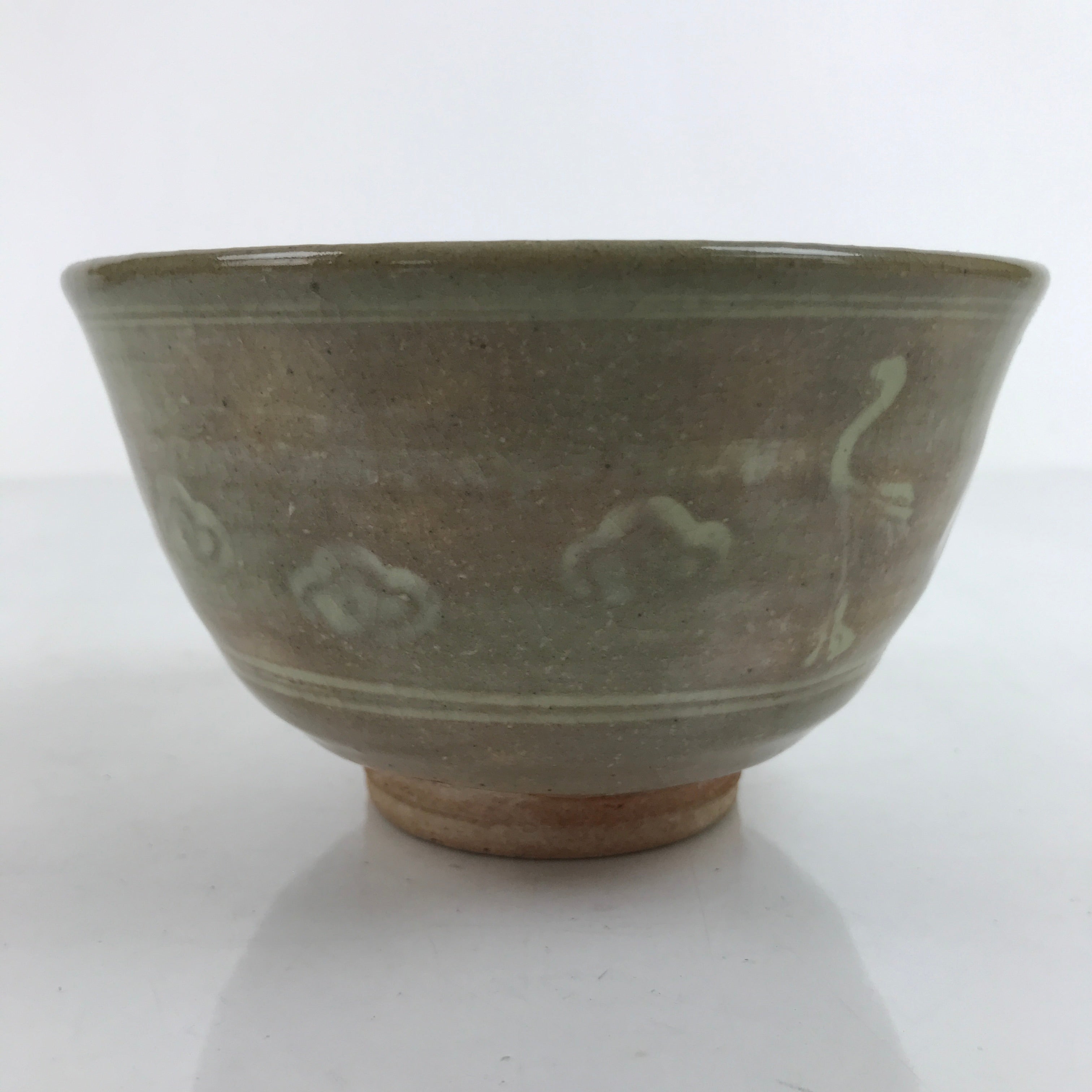 Japanese Ceramic Green Tea Ceremony Bowl Matcha Chawan Vtg Ducks Green CHB50