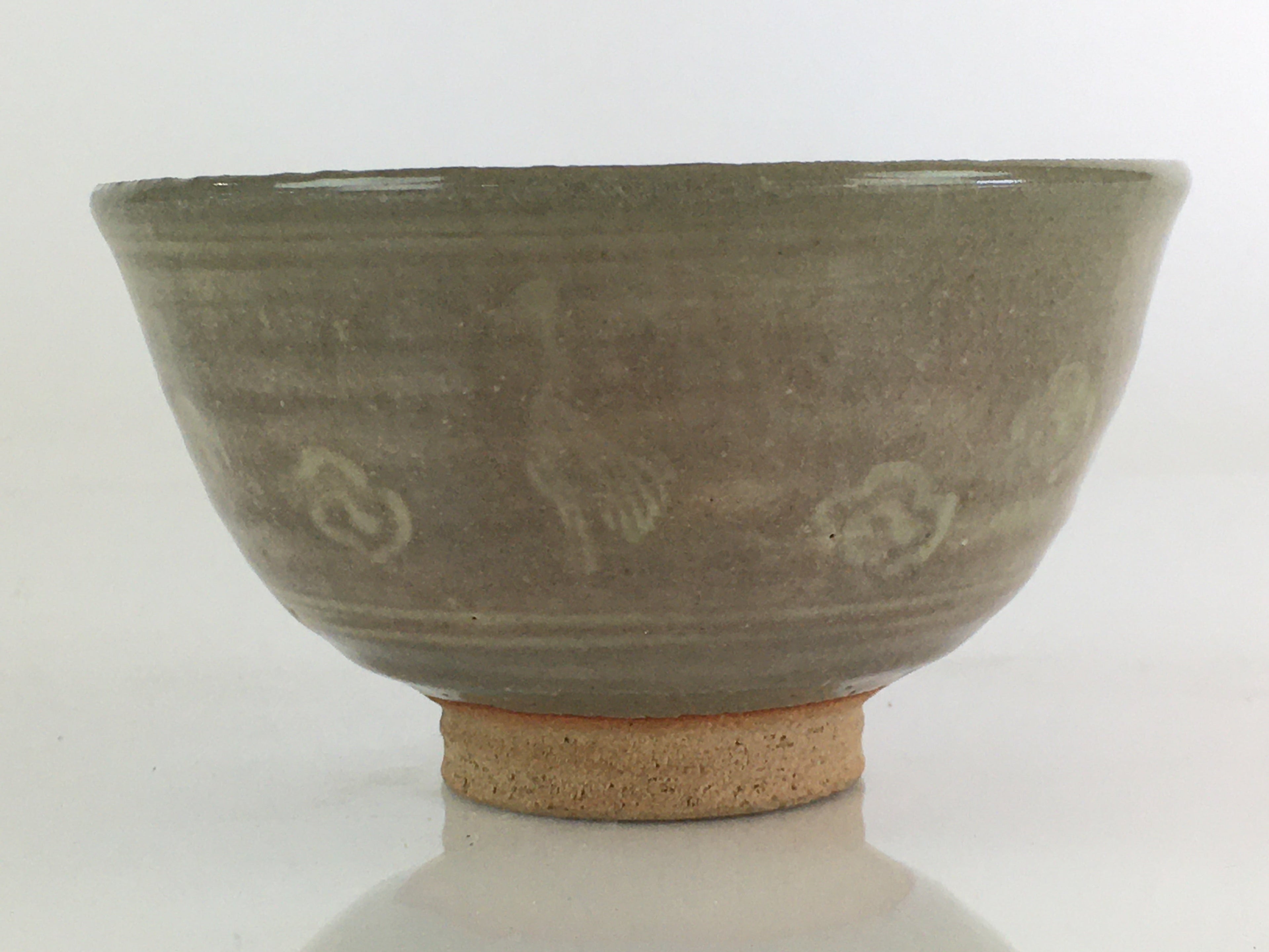 Japanese Ceramic Green Tea Ceremony Bowl Vtg Chawan Crane Pottery Gray GTB940