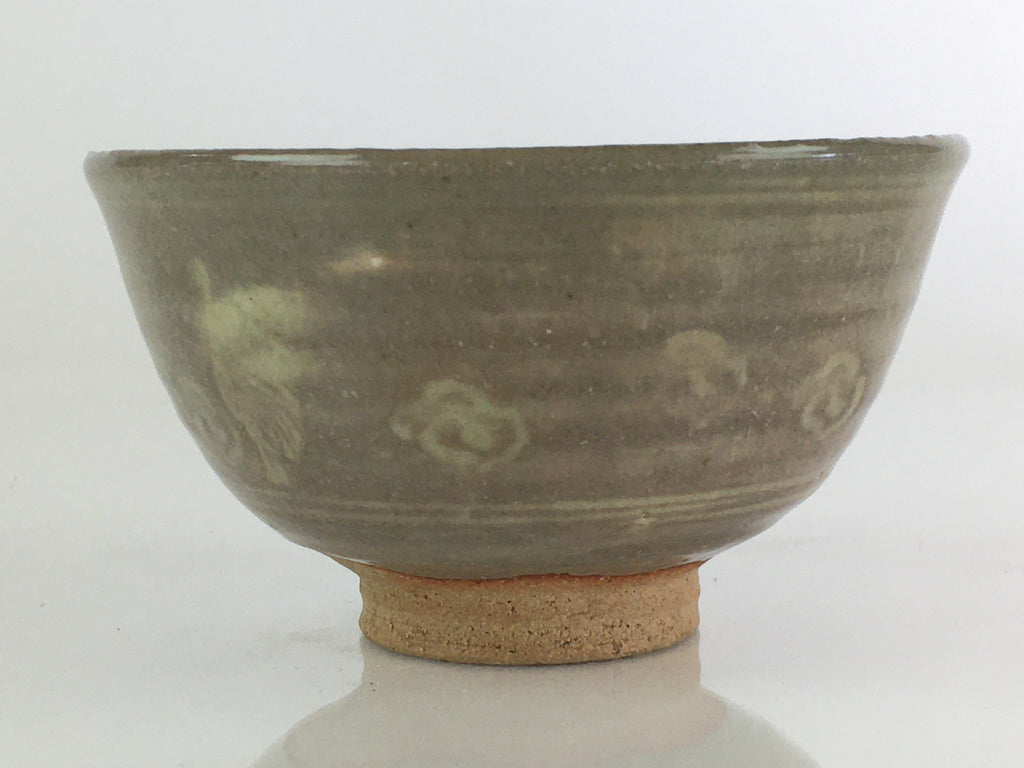 Japanese Ceramic Green Tea Ceremony Bowl Vtg Chawan Crane Pottery Gray GTB940