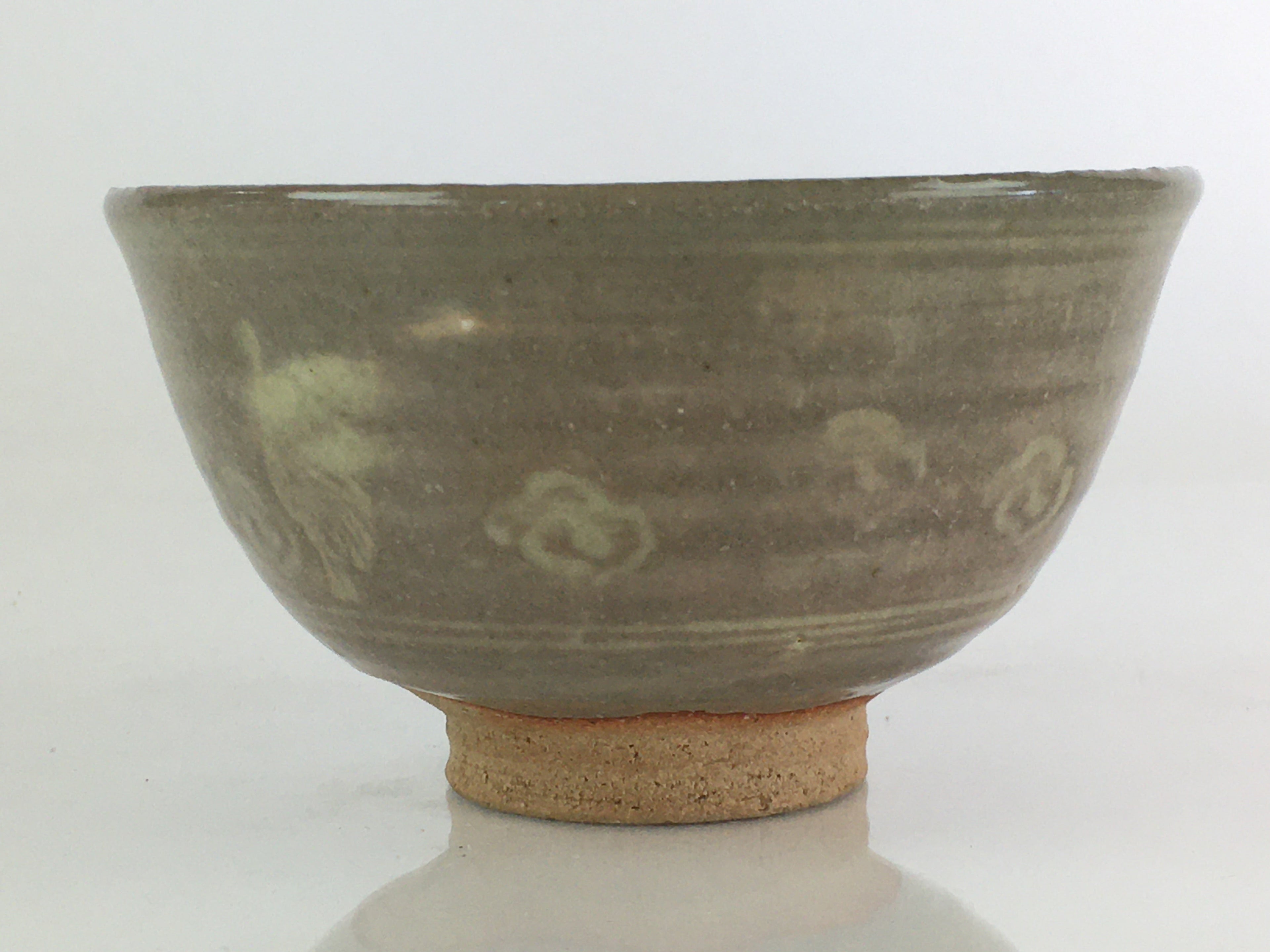 Japanese Ceramic Green Tea Ceremony Bowl Vtg Chawan Crane Pottery Gray GTB940