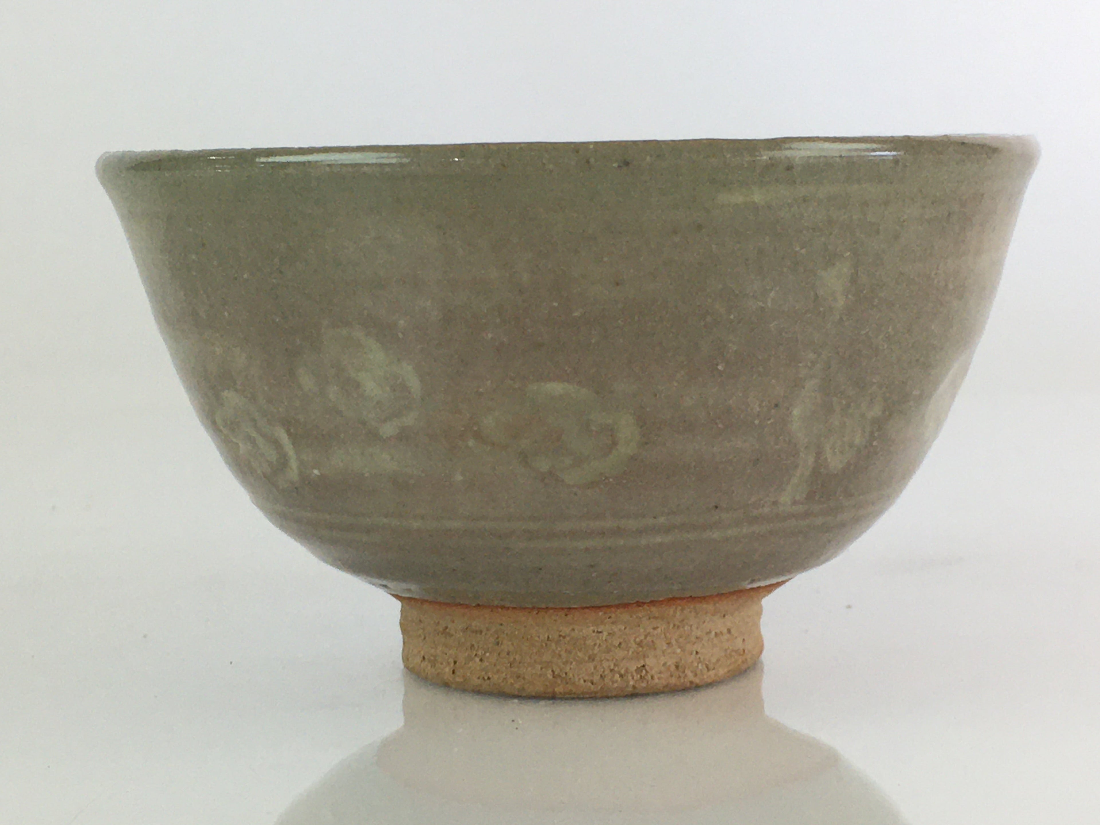 Japanese Ceramic Green Tea Ceremony Bowl Vtg Chawan Crane Pottery Gray GTB940