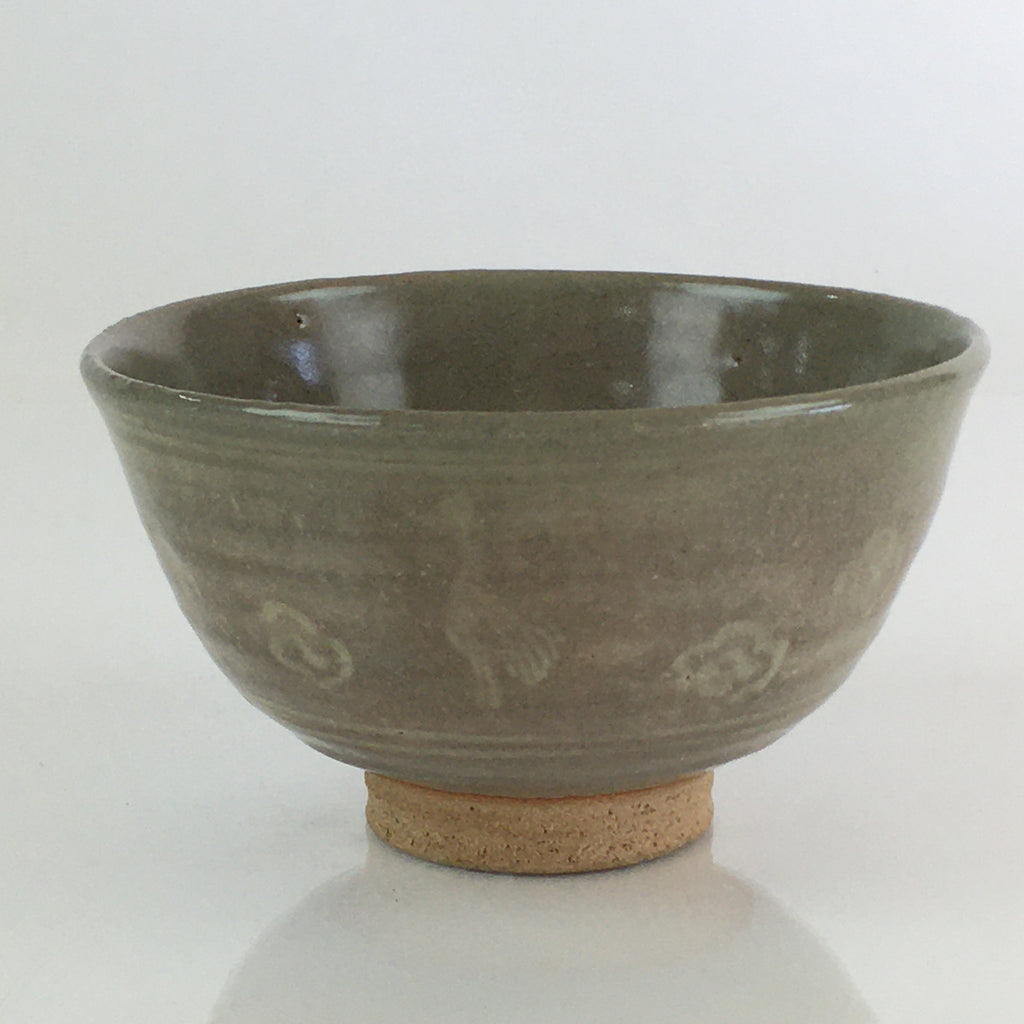 Japanese Ceramic Green Tea Ceremony Bowl Vtg Chawan Crane Pottery Gray GTB940