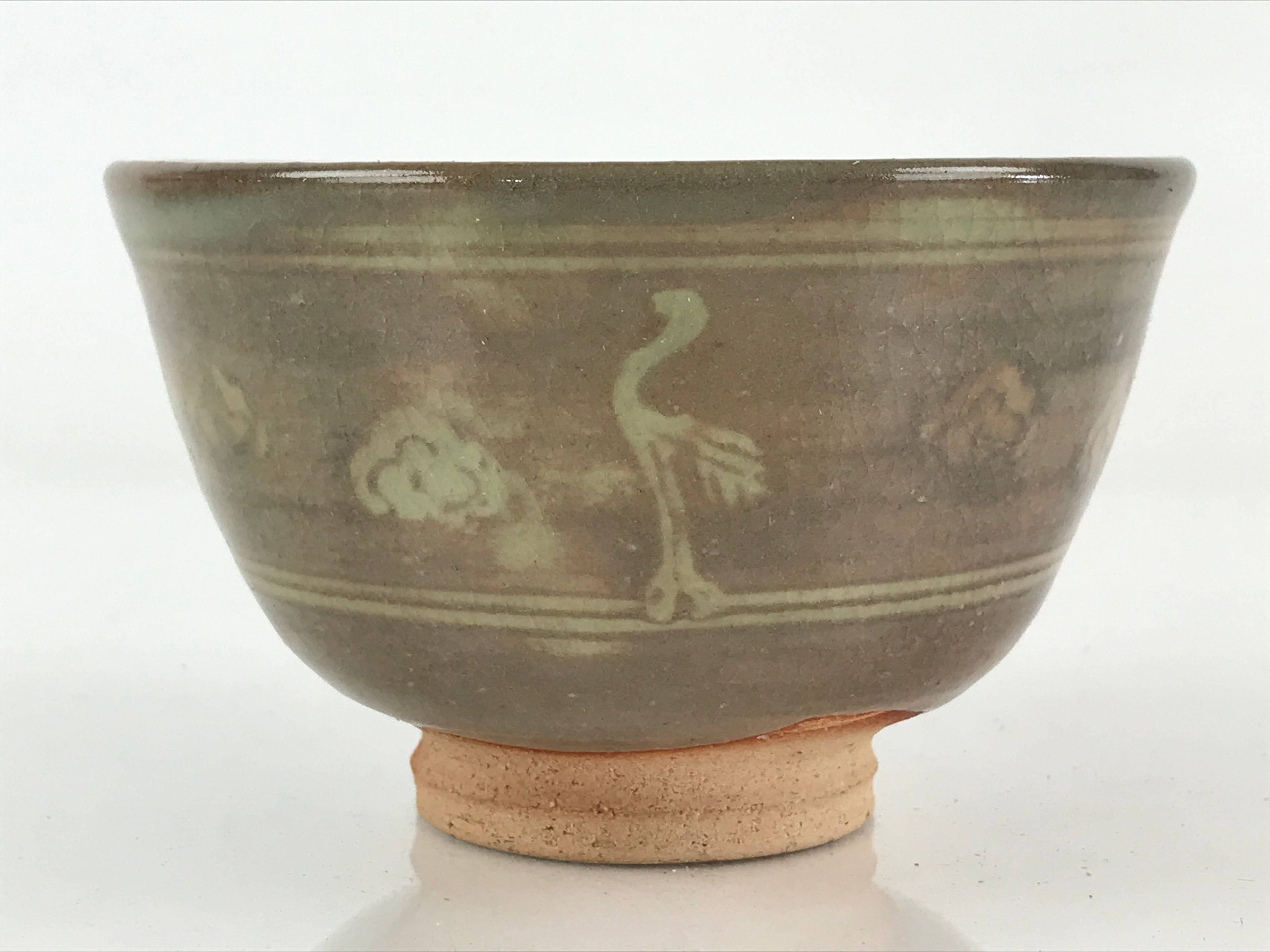 Japanese Ceramic Green Tea Ceremony Bowl Vtg Matcha Chawan Crane Pottery GTB960