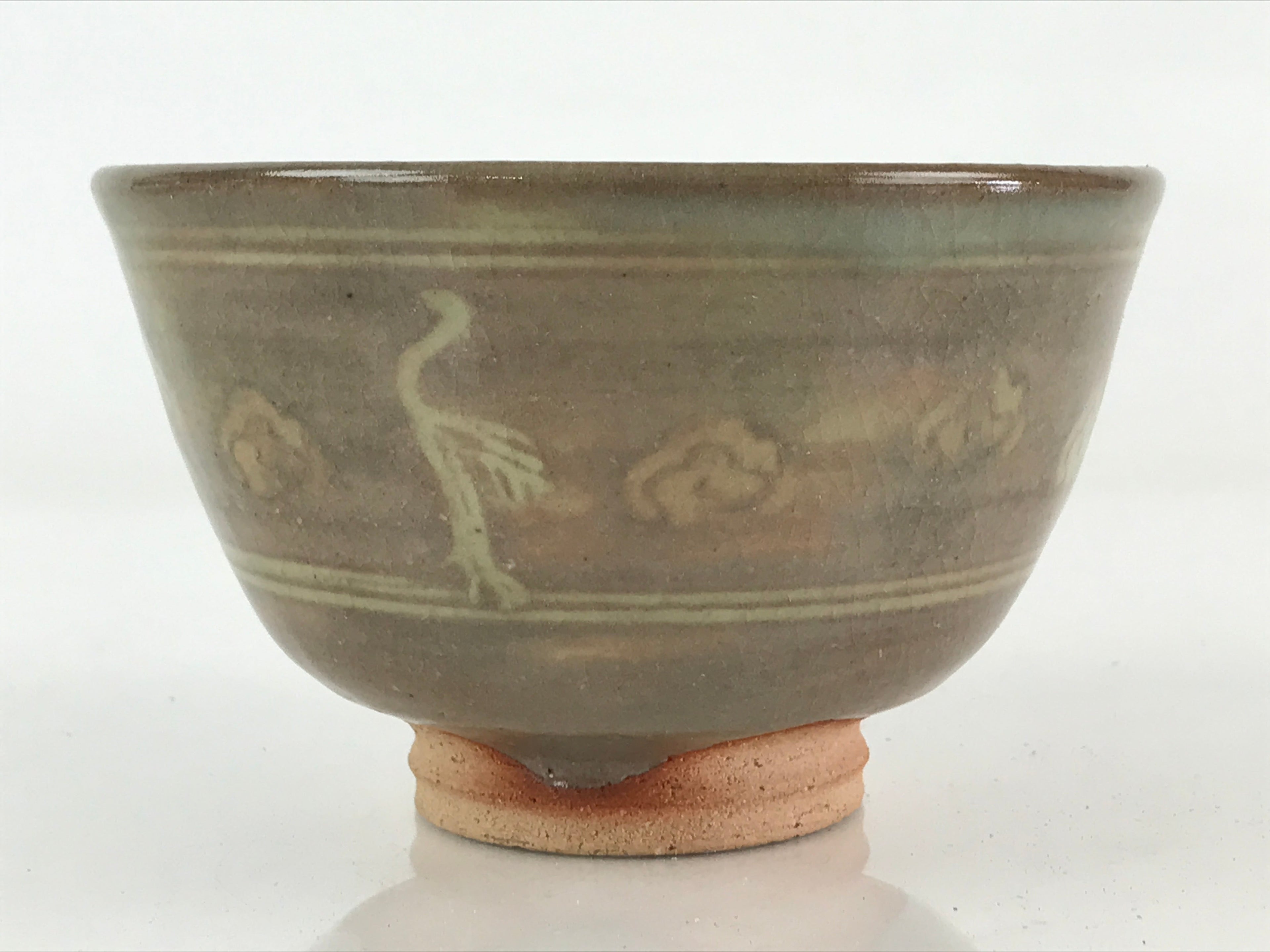 Japanese Ceramic Green Tea Ceremony Bowl Vtg Matcha Chawan Crane Pottery GTB960