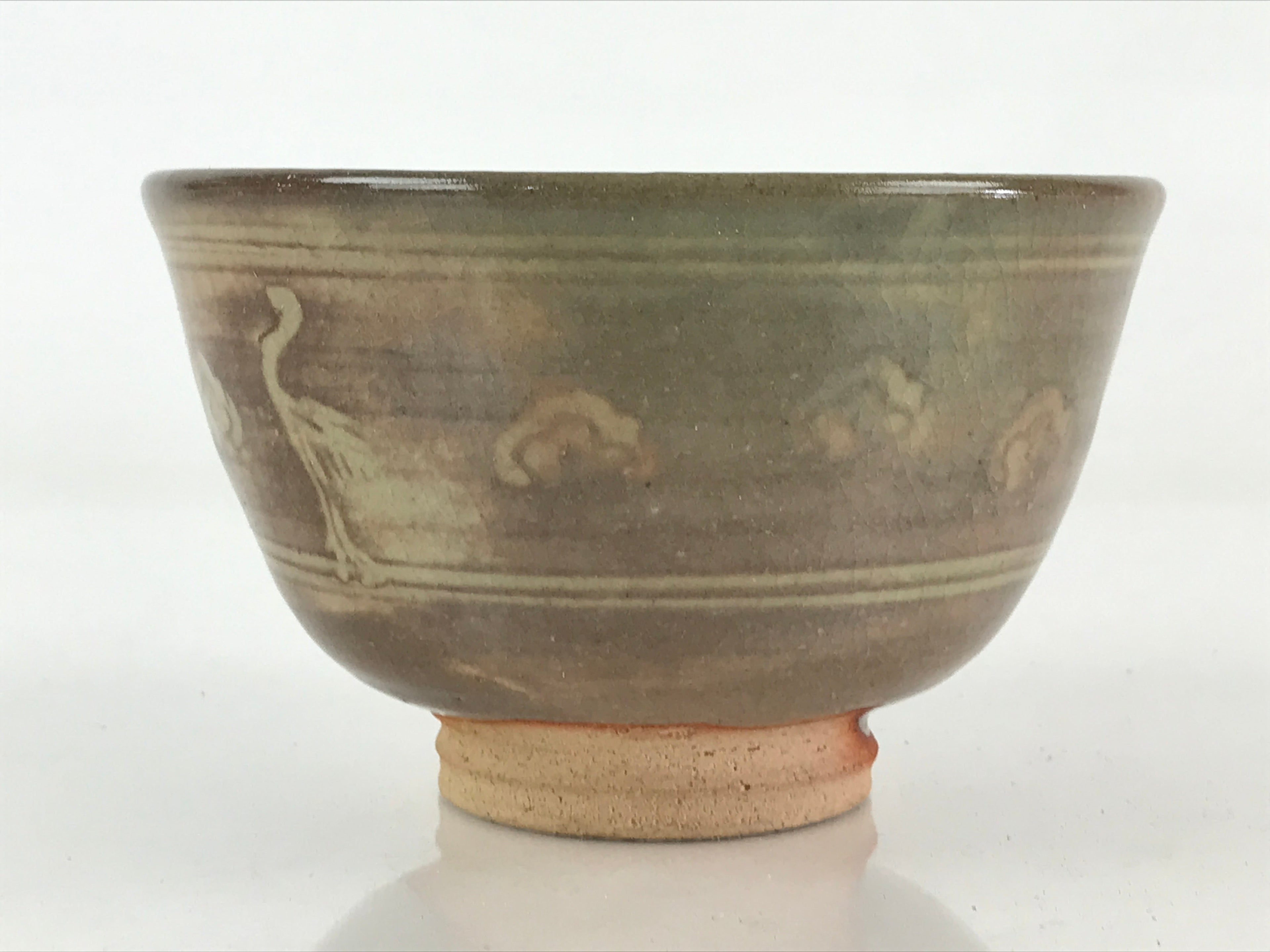 Japanese Ceramic Green Tea Ceremony Bowl Vtg Matcha Chawan Crane Pottery GTB960