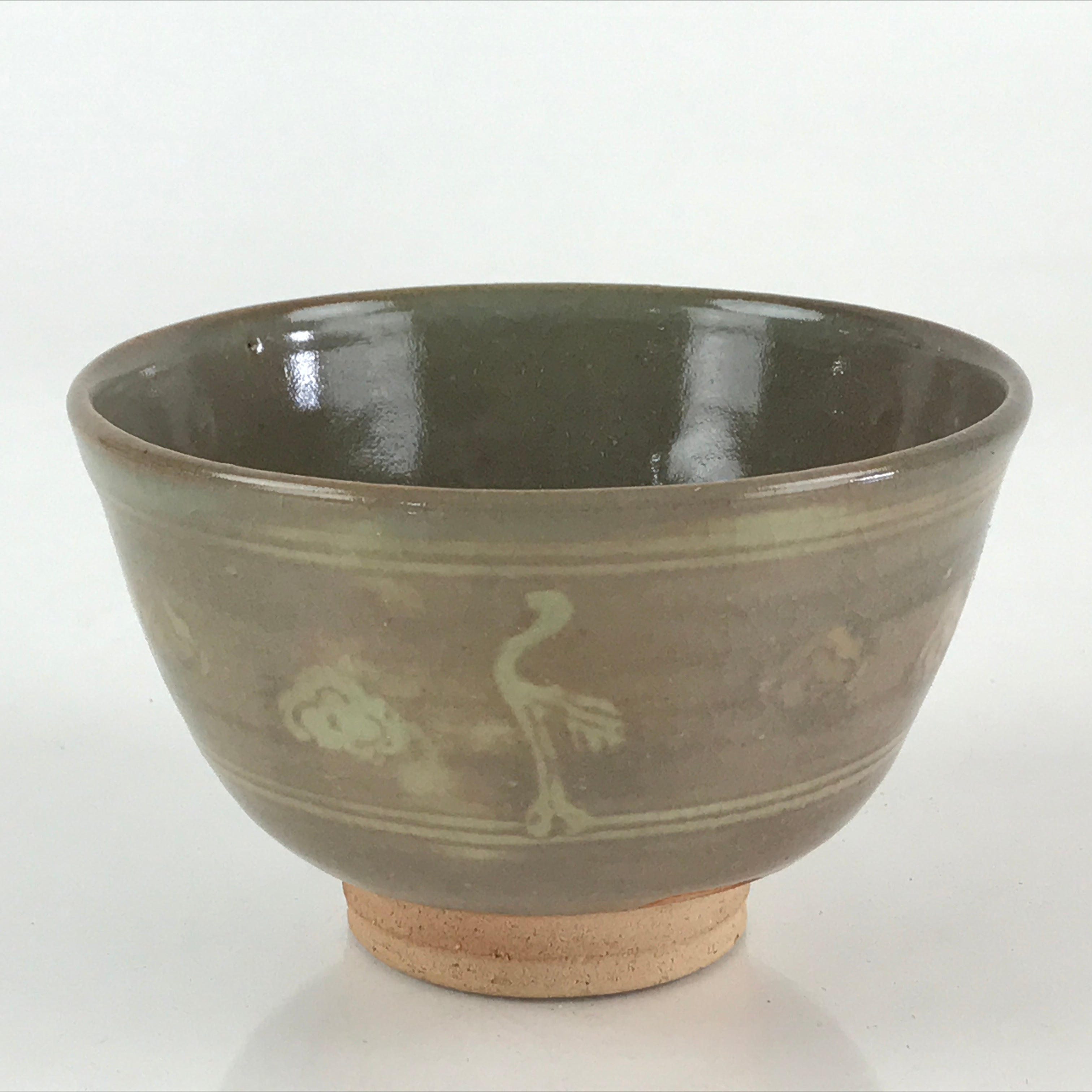 Japanese Ceramic Green Tea Ceremony Bowl Vtg Matcha Chawan Crane Pottery GTB960
