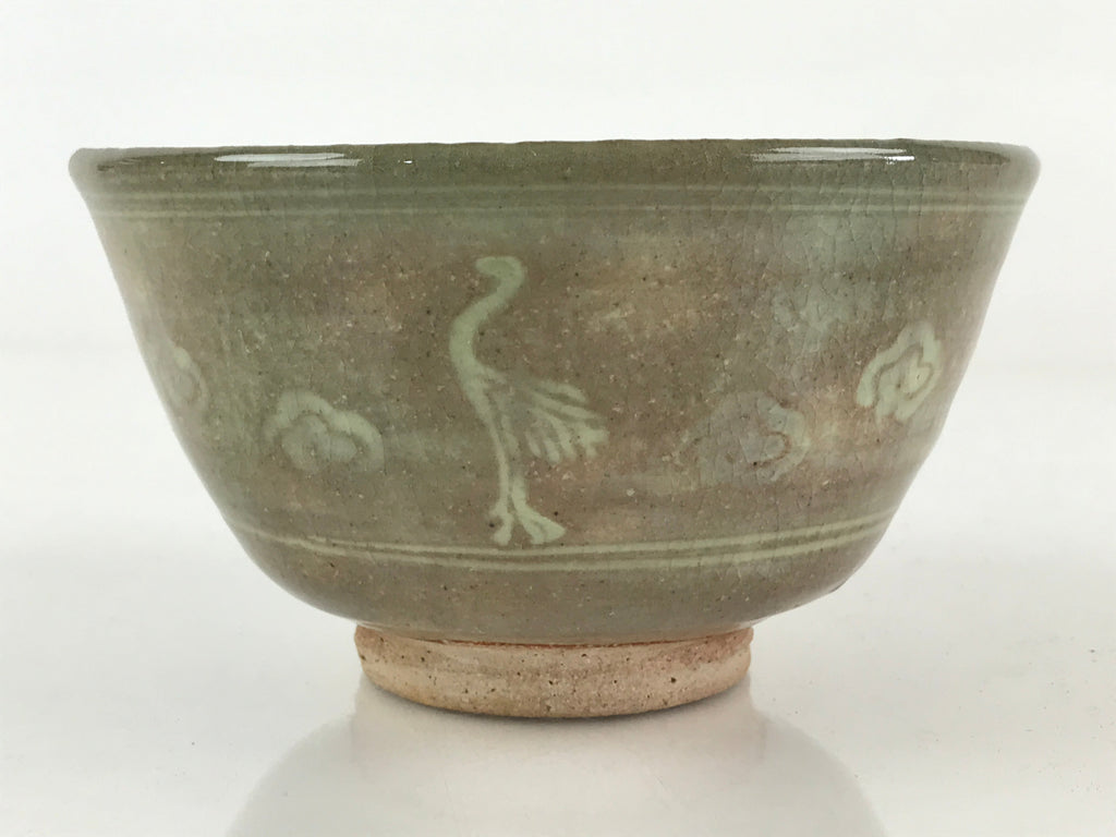 Japanese Ceramic Green Tea Ceremony Bowl Vtg Matcha Chawan Crane Pottery GTB971