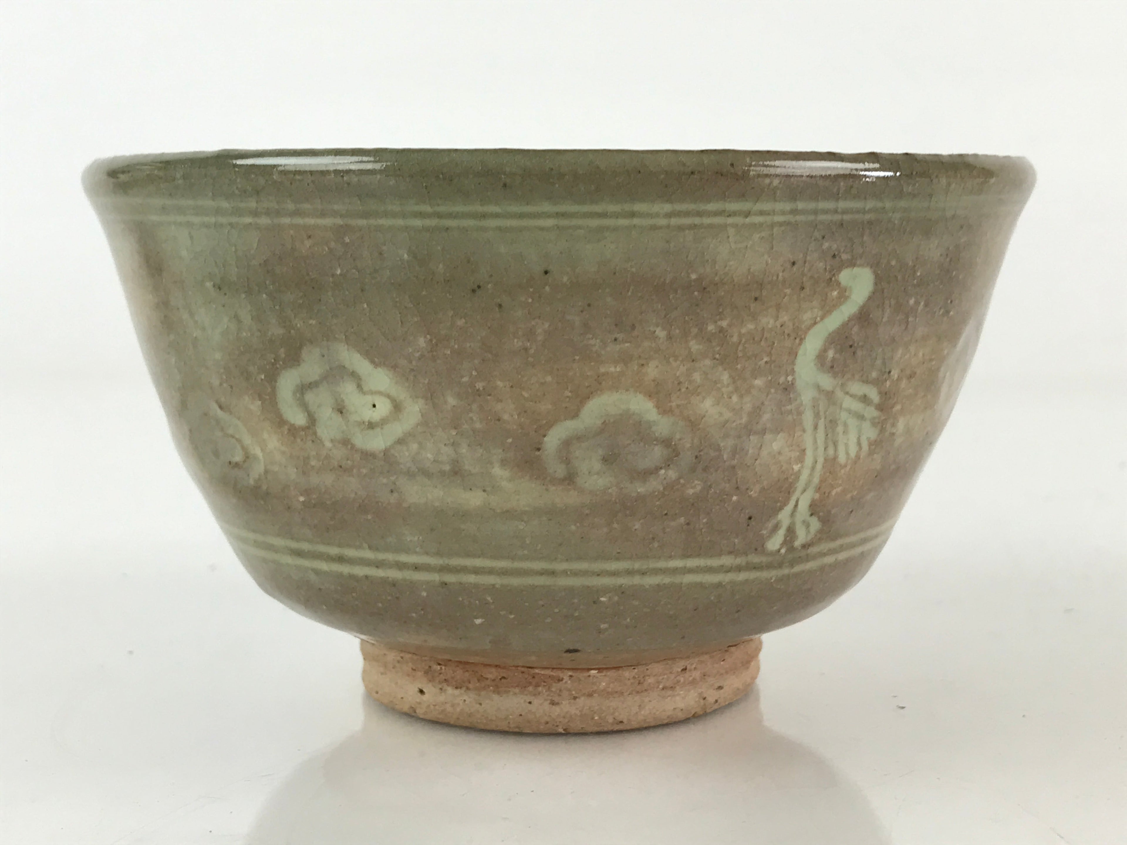 Japanese Ceramic Green Tea Ceremony Bowl Vtg Matcha Chawan Crane Pottery GTB971