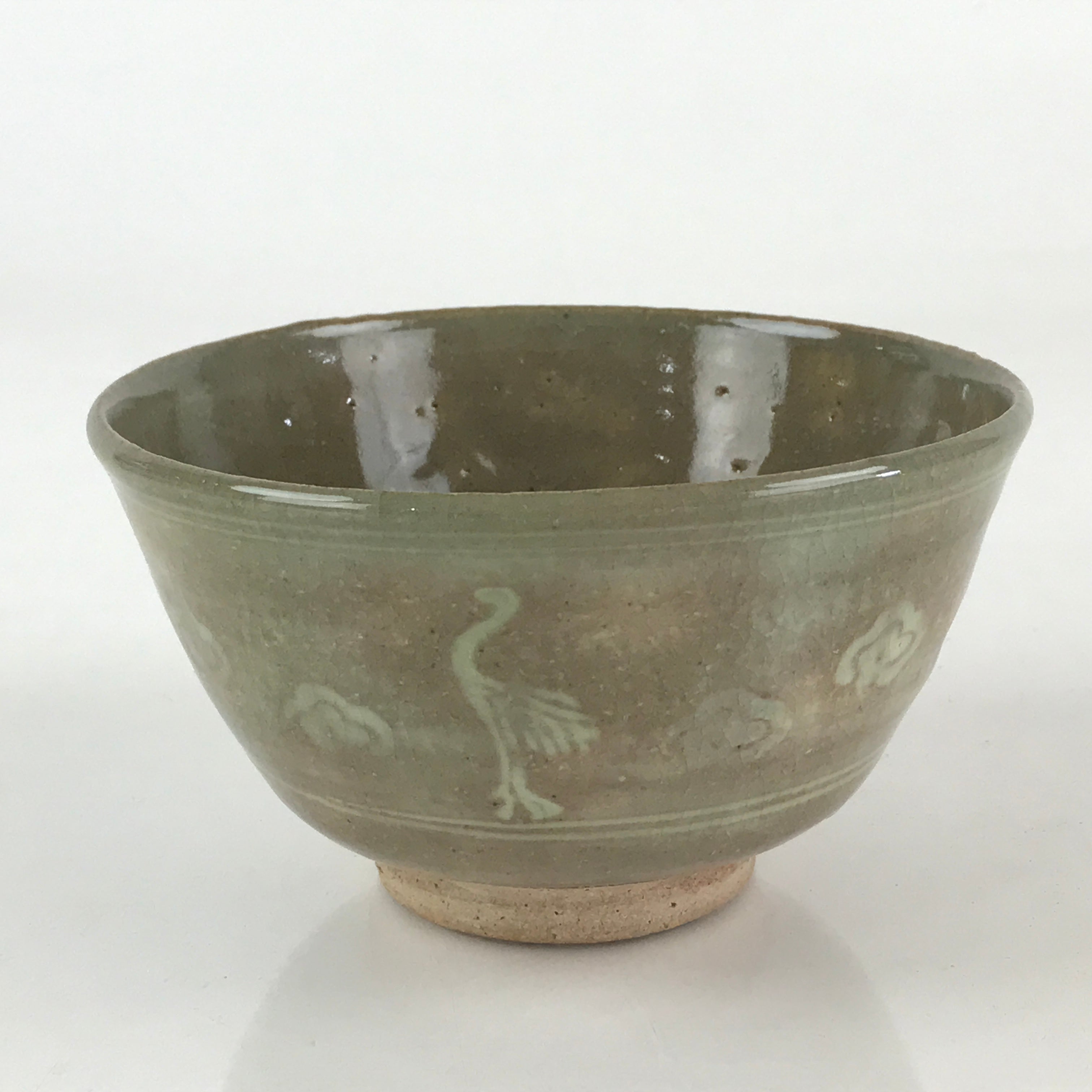 Japanese Ceramic Green Tea Ceremony Bowl Vtg Matcha Chawan Crane Pottery GTB971