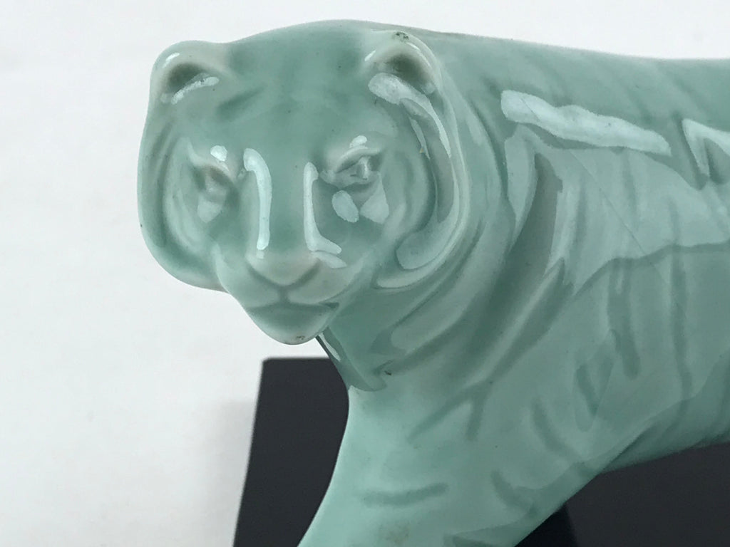 Japanese Ceramic Green Tiger Vtg Zodiac Decoration Figurine Black Stand BD927