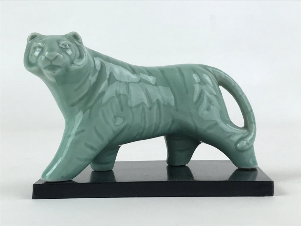 Japanese Ceramic Green Tiger Vtg Zodiac Decoration Figurine Black Stand BD927