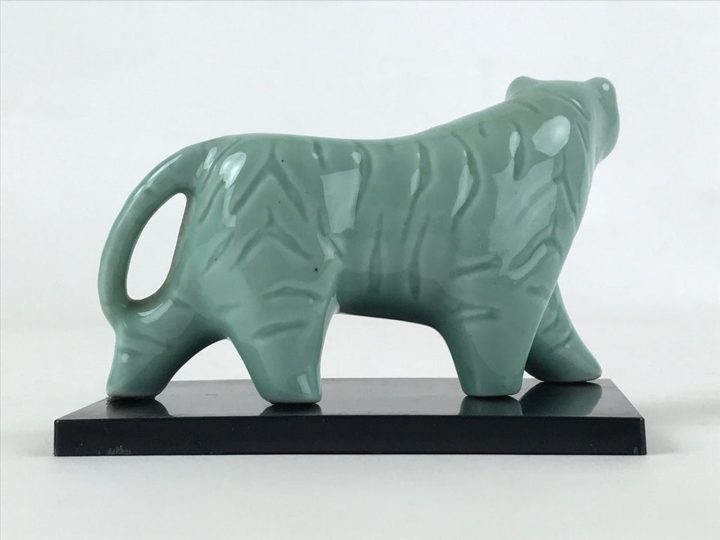 Japanese Ceramic Green Tiger Vtg Zodiac Decoration Figurine Black Stand BD927