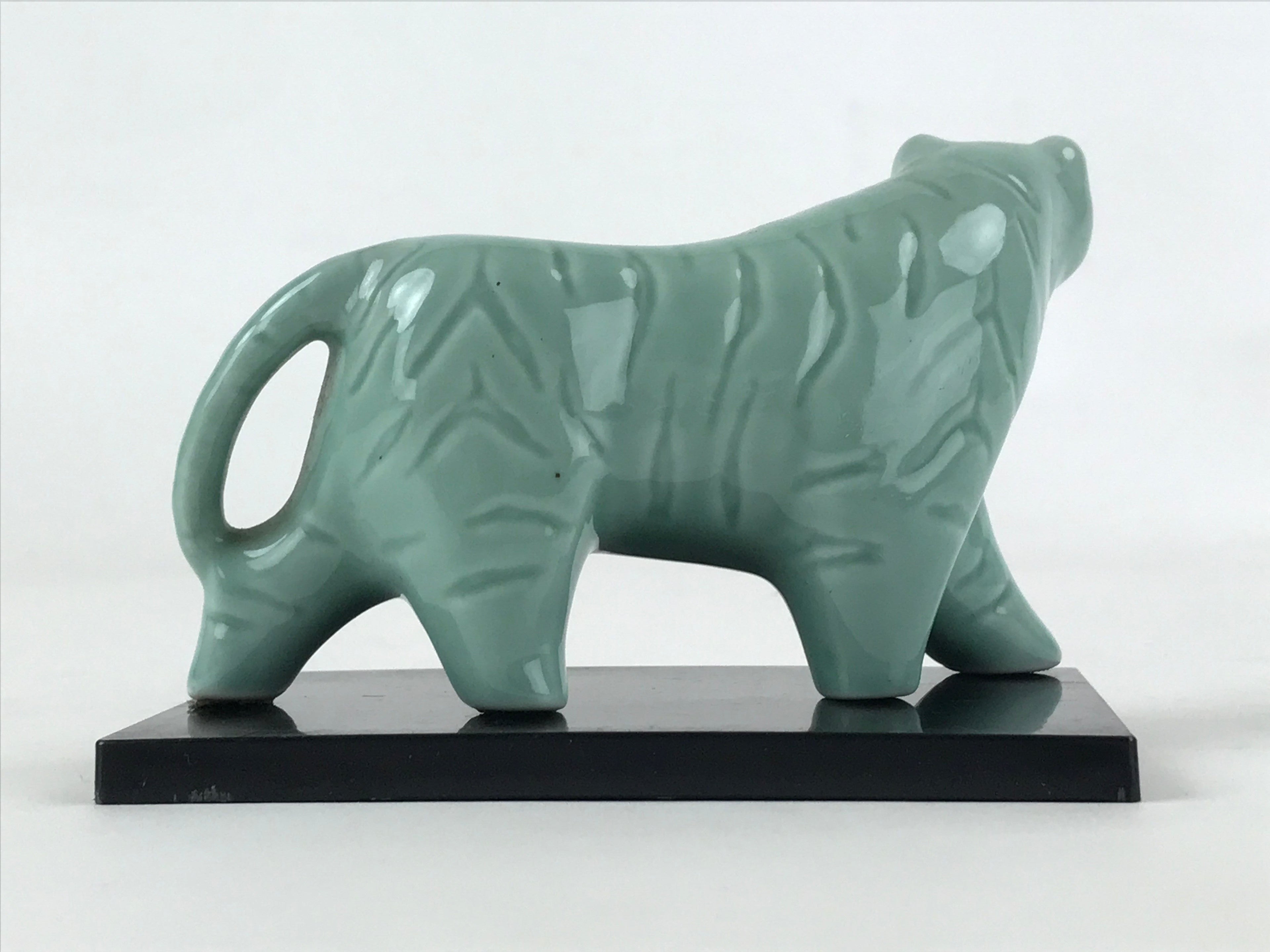 Japanese Ceramic Green Tiger Vtg Zodiac Decoration Figurine Black Stand BD927