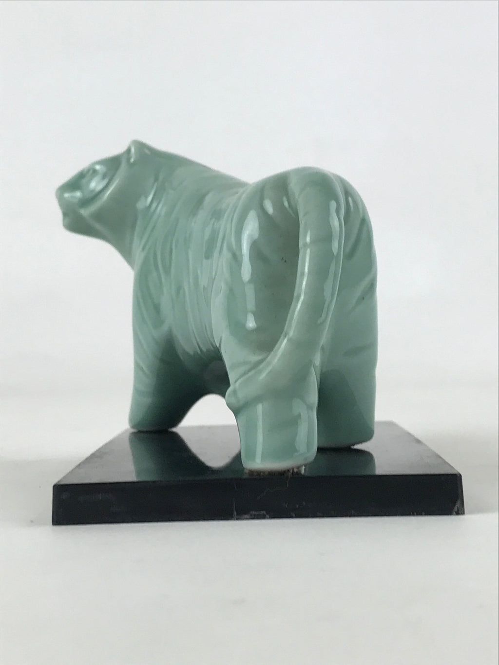 Japanese Ceramic Green Tiger Vtg Zodiac Decoration Figurine Black Stand BD927