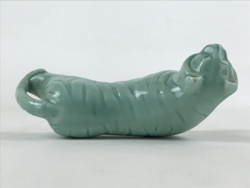 Japanese Ceramic Green Tiger Vtg Zodiac Decoration Figurine Black Stand BD927