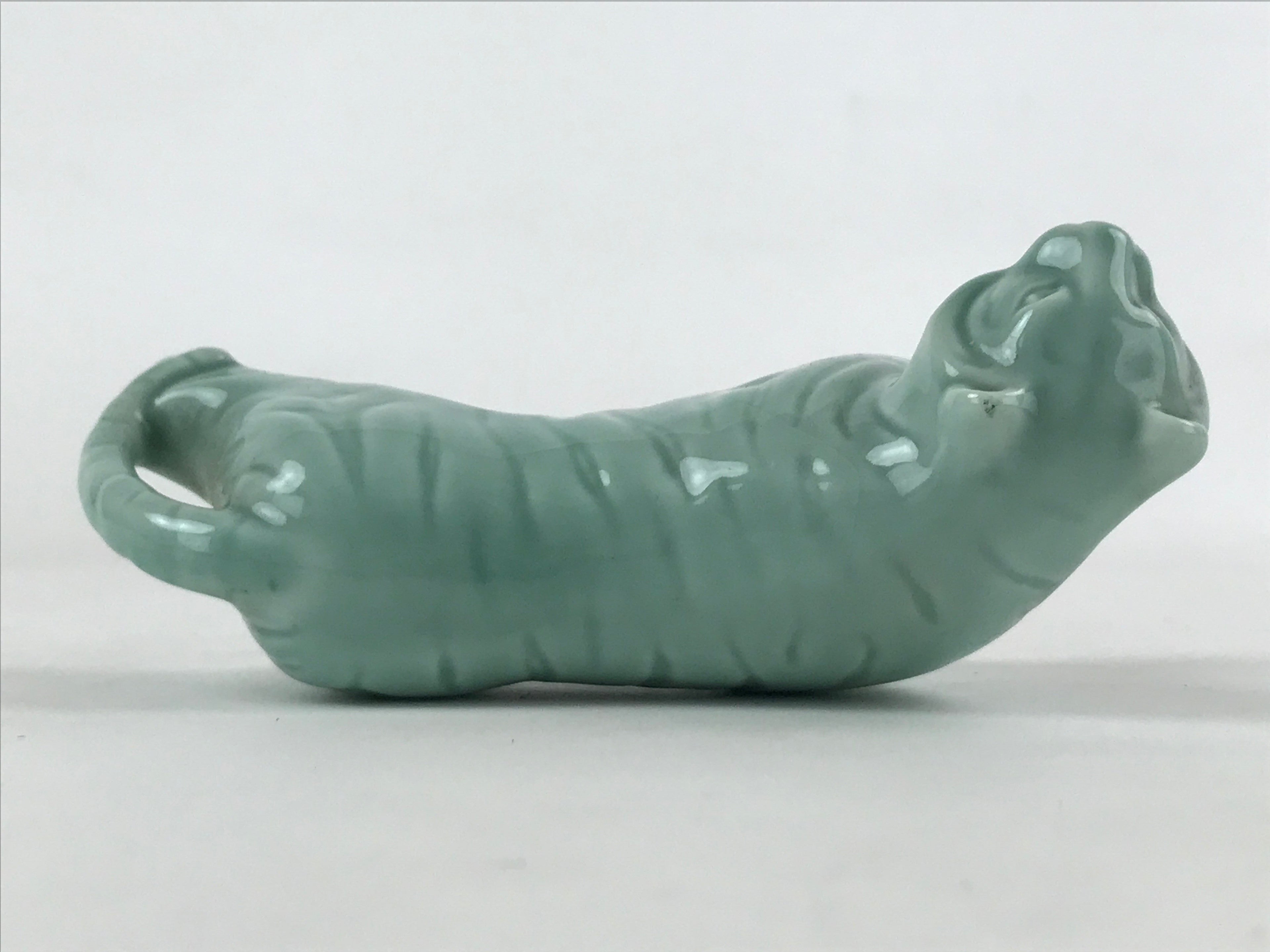 Japanese Ceramic Green Tiger Vtg Zodiac Decoration Figurine Black Stand BD927