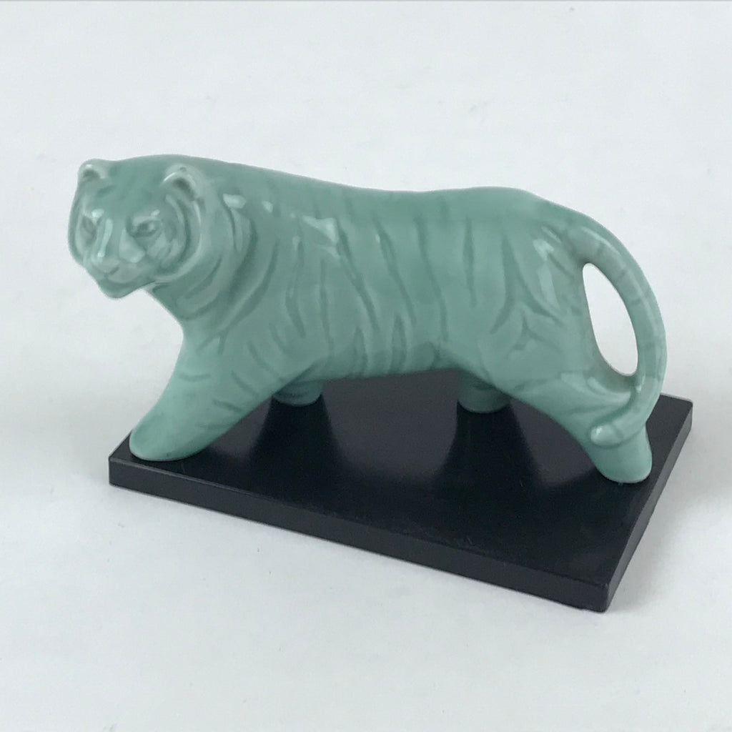 Japanese Ceramic Green Tiger Vtg Zodiac Decoration Figurine Black Stand BD927