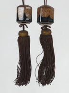 Japanese Ceramic Hanging Scroll Weights Fuchin Vtg Kakejiku Brown Tassel FC338