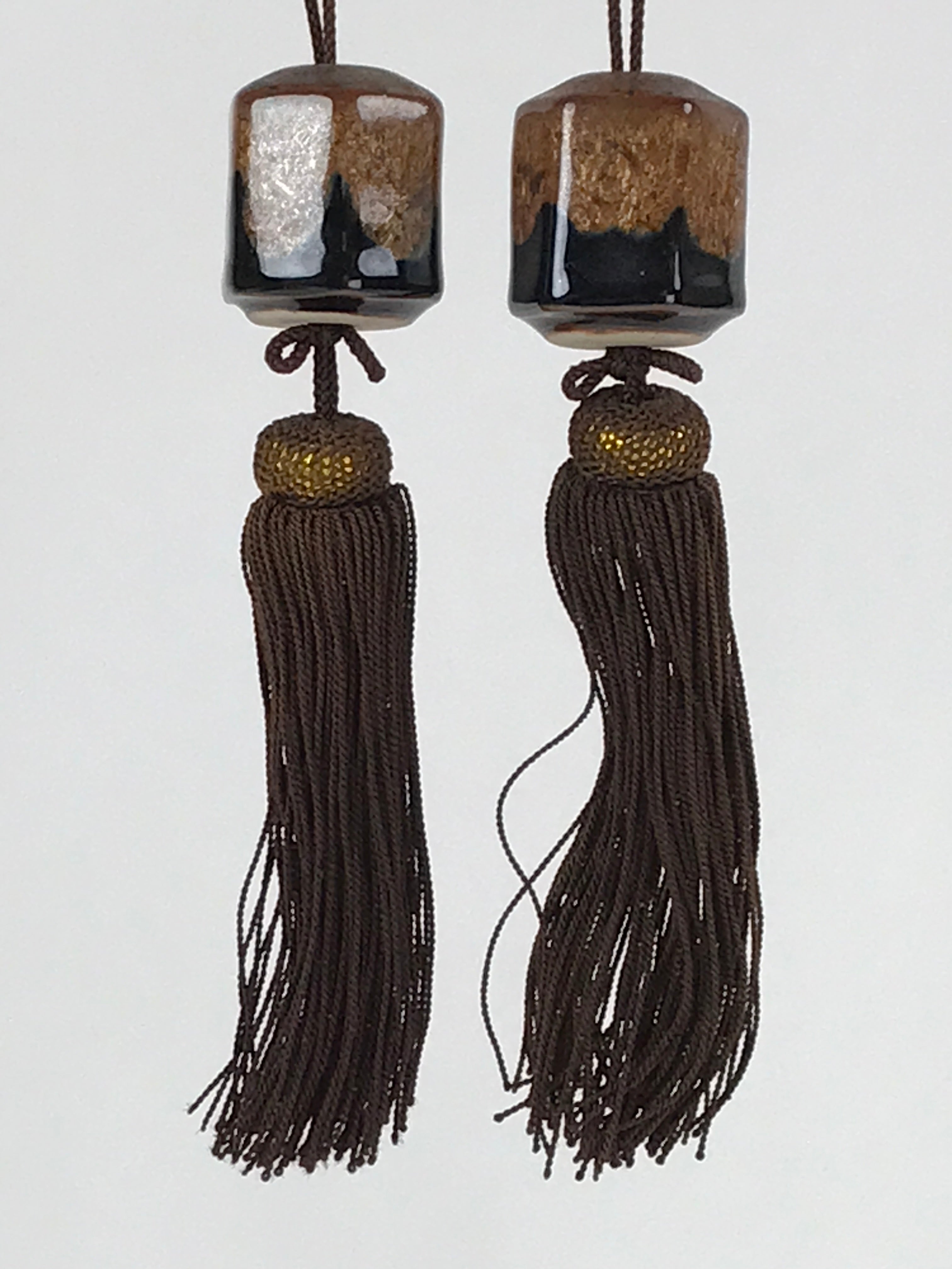 Japanese Ceramic Hanging Scroll Weights Fuchin Vtg Kakejiku Brown Tassel FC338