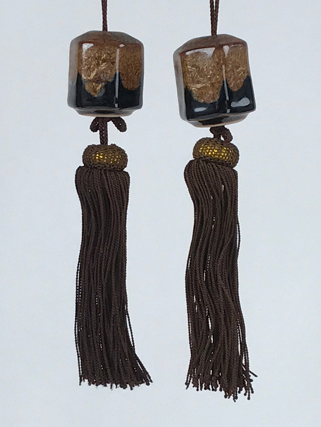 Japanese Ceramic Hanging Scroll Weights Fuchin Vtg Kakejiku Brown Tassel FC338
