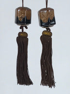 Japanese Ceramic Hanging Scroll Weights Fuchin Vtg Kakejiku Brown Tassel FC338