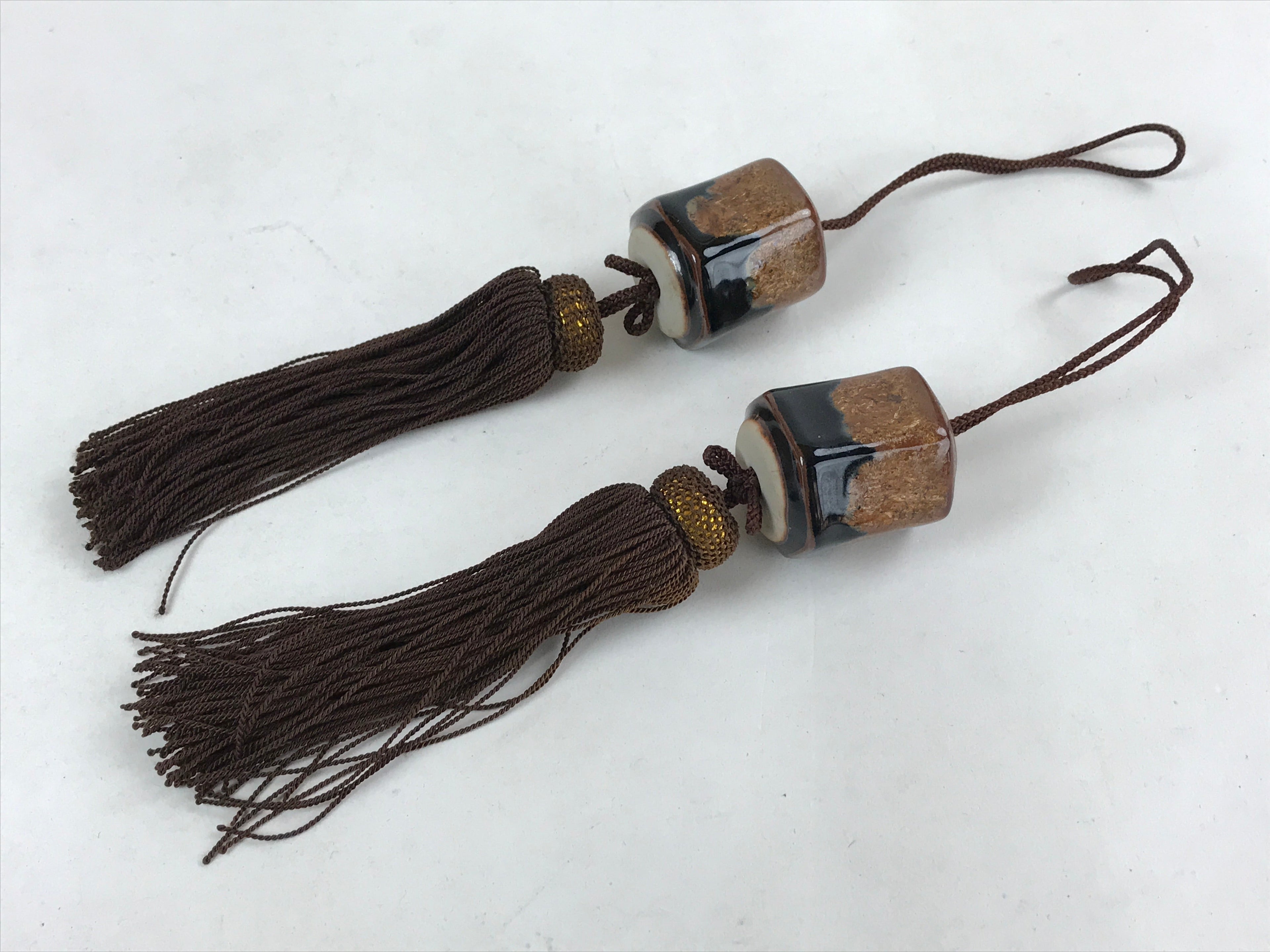 Japanese Ceramic Hanging Scroll Weights Fuchin Vtg Kakejiku Brown Tassel FC338