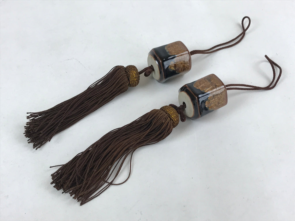 Japanese Ceramic Hanging Scroll Weights Fuchin Vtg Kakejiku Brown Tassel FC338