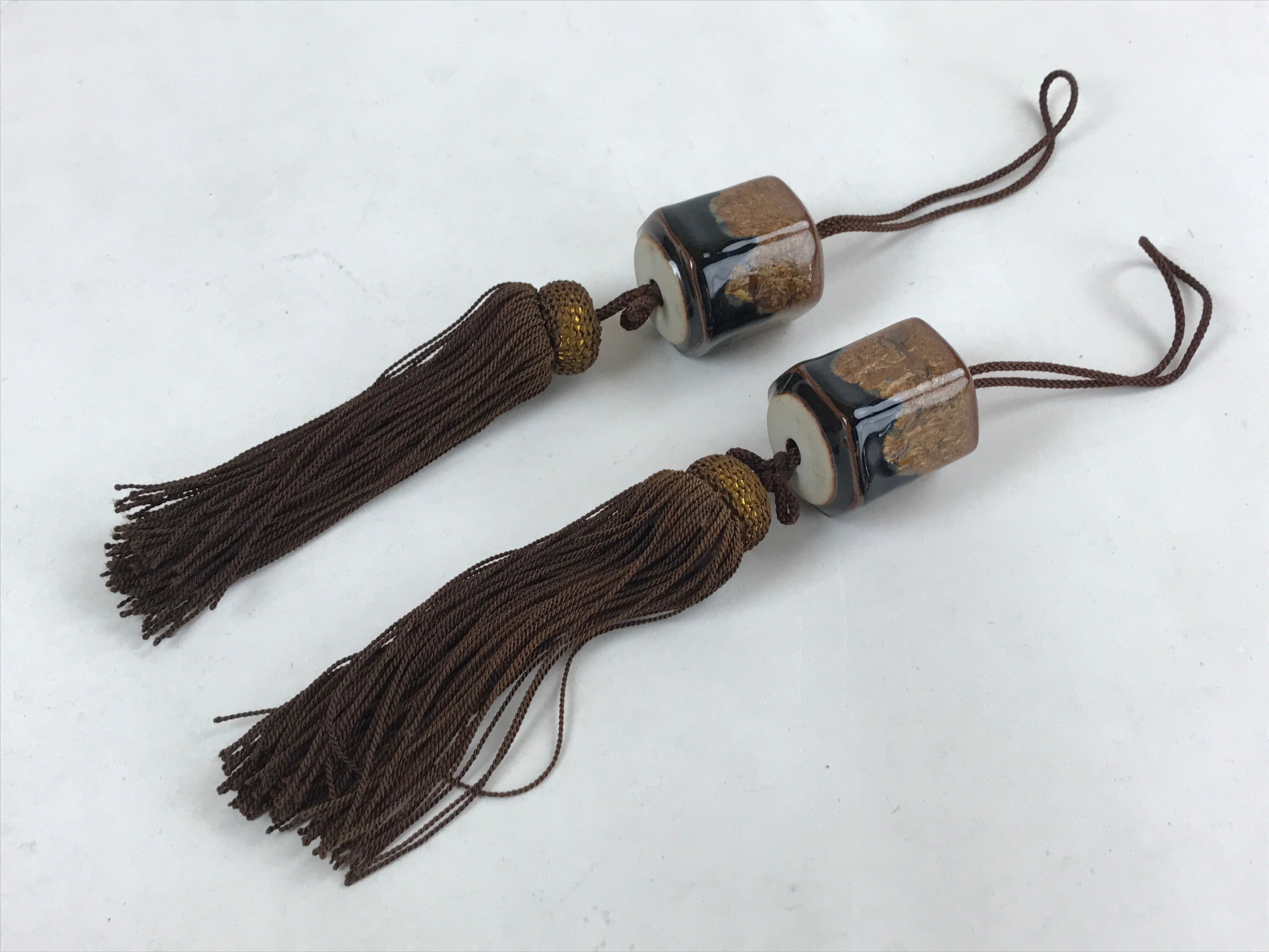 Japanese Ceramic Hanging Scroll Weights Fuchin Vtg Kakejiku Brown Tassel FC338
