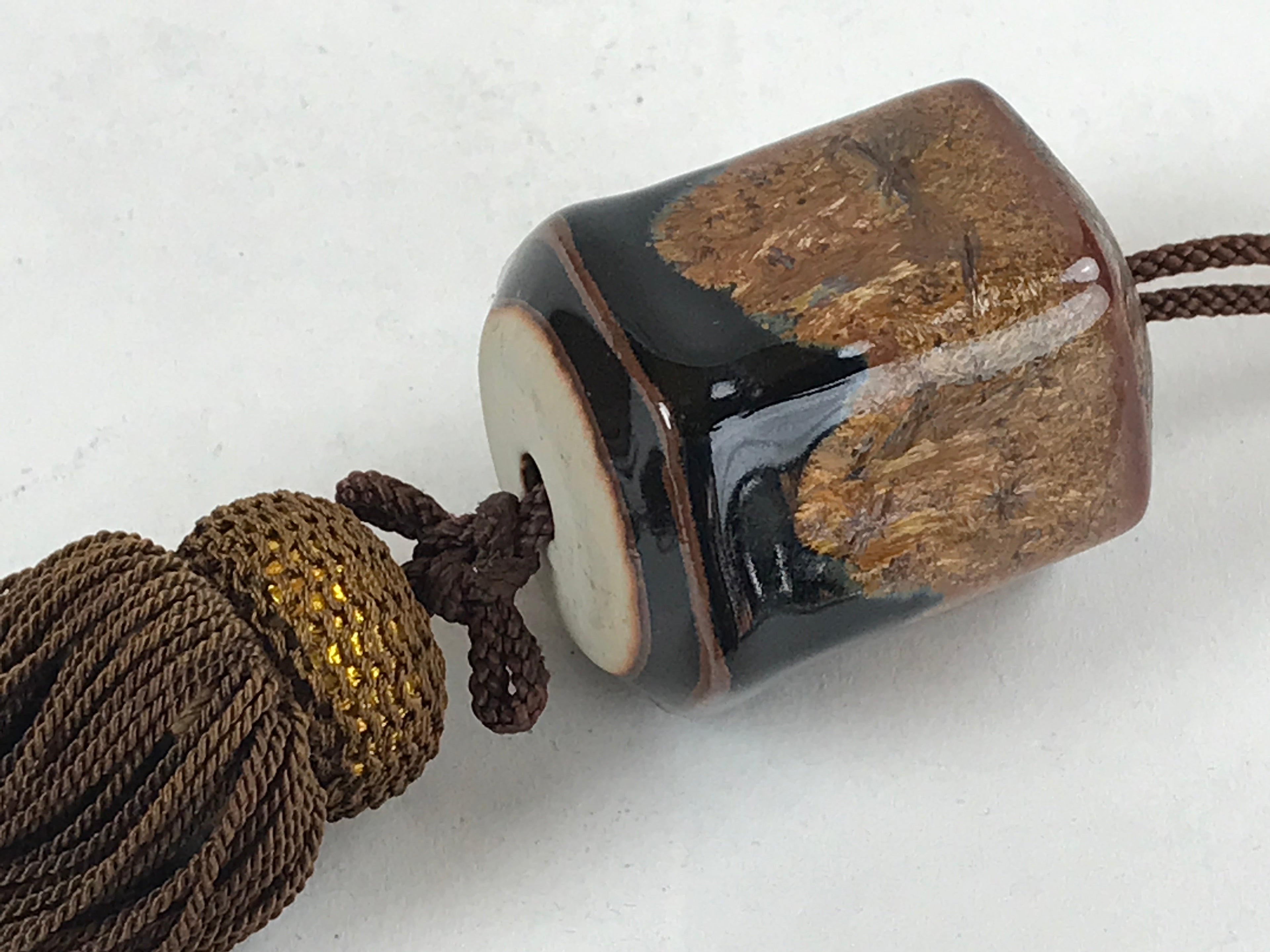 Japanese Ceramic Hanging Scroll Weights Fuchin Vtg Kakejiku Brown Tassel FC338