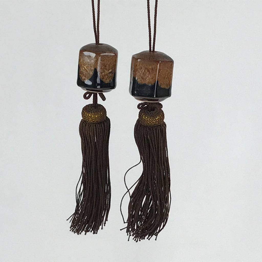 Japanese Ceramic Hanging Scroll Weights Fuchin Vtg Kakejiku Brown Tassel FC338