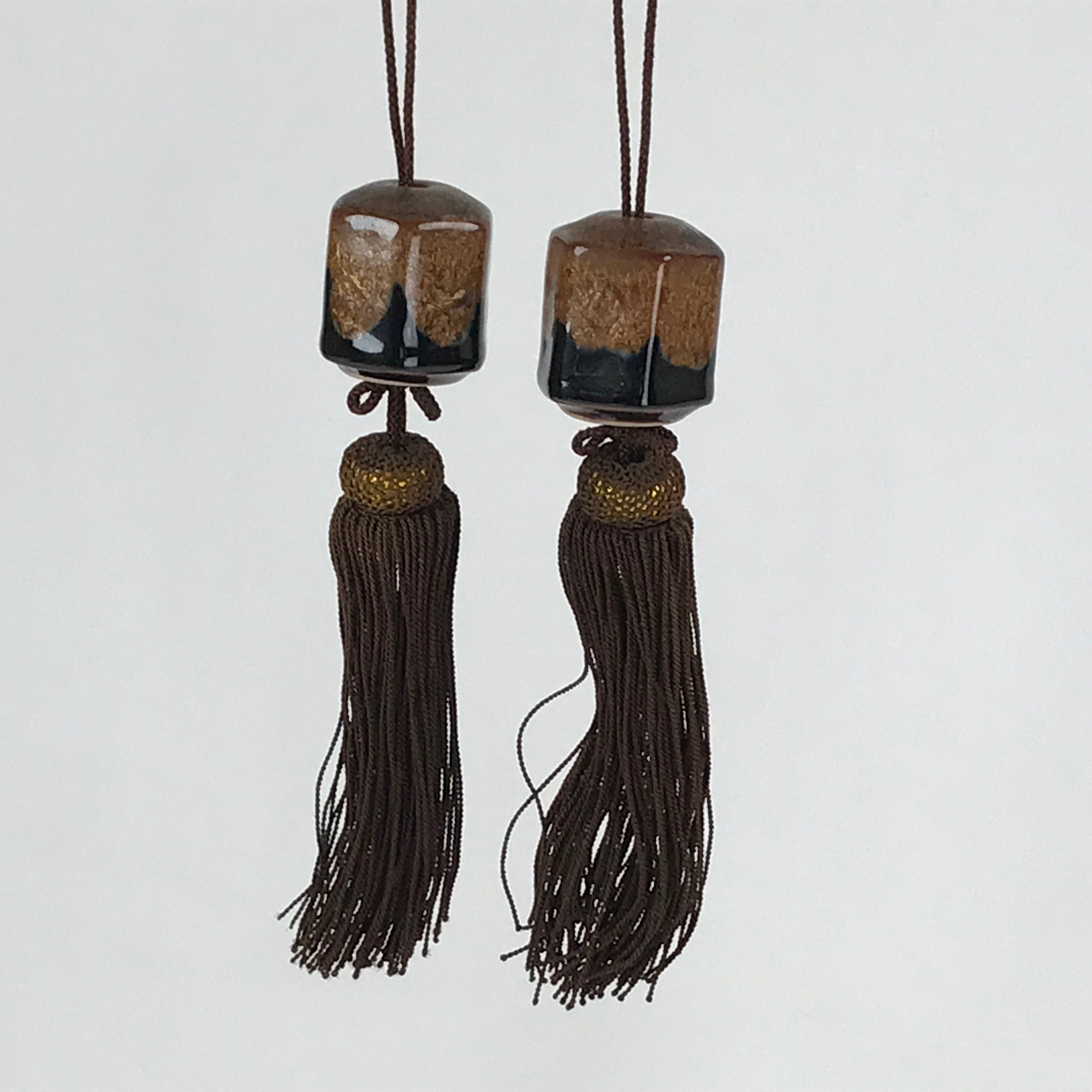 Japanese Ceramic Hanging Scroll Weights Fuchin Vtg Kakejiku Brown Tassel FC338