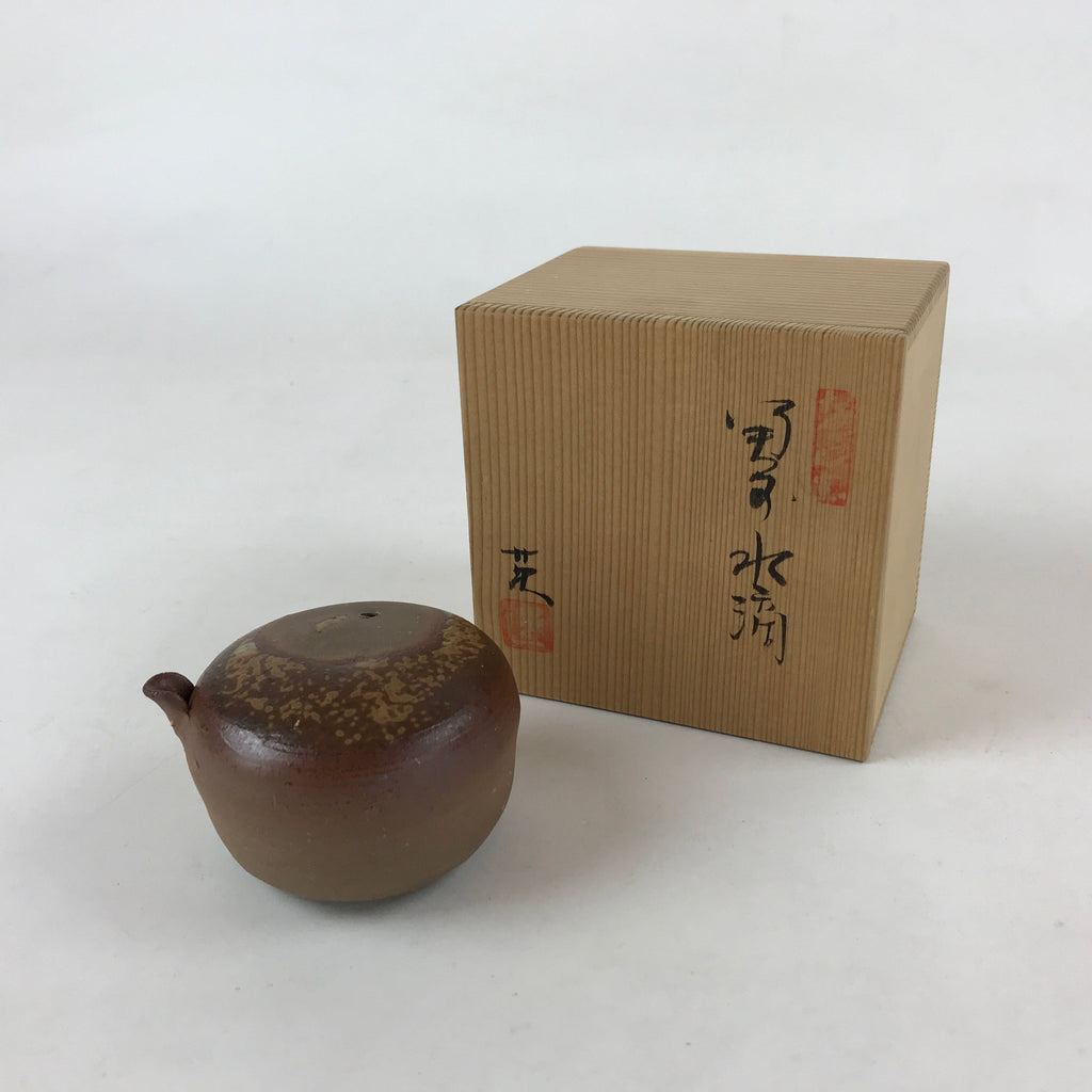 Japanese Ceramic Inuyama Ware Water Dropper Suiteki Brown W/ Wood Box PX711