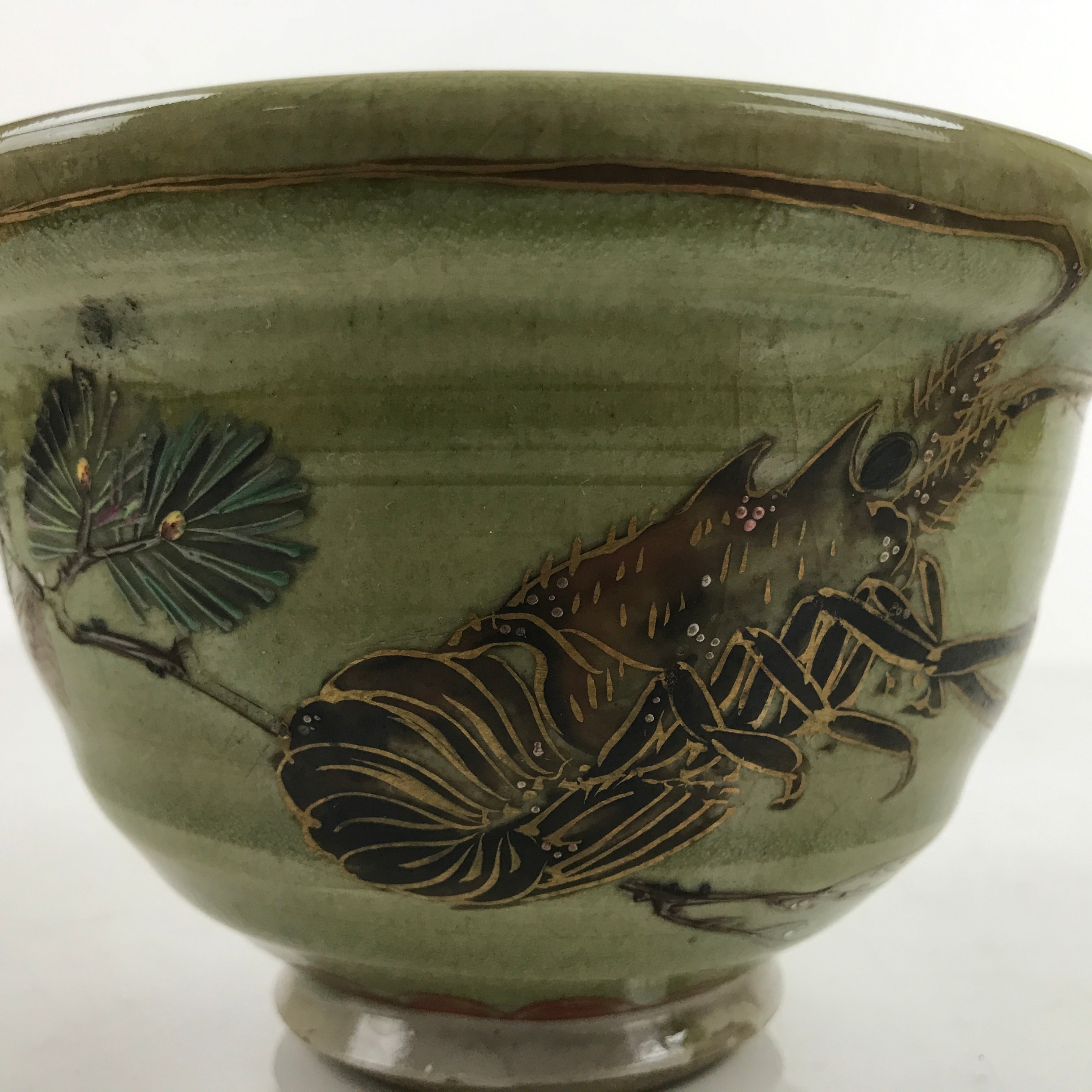 Japanese Ceramic Kensui Wastewater Bowl Vtg Tea Ceremony Basin Shrimp Green Y9