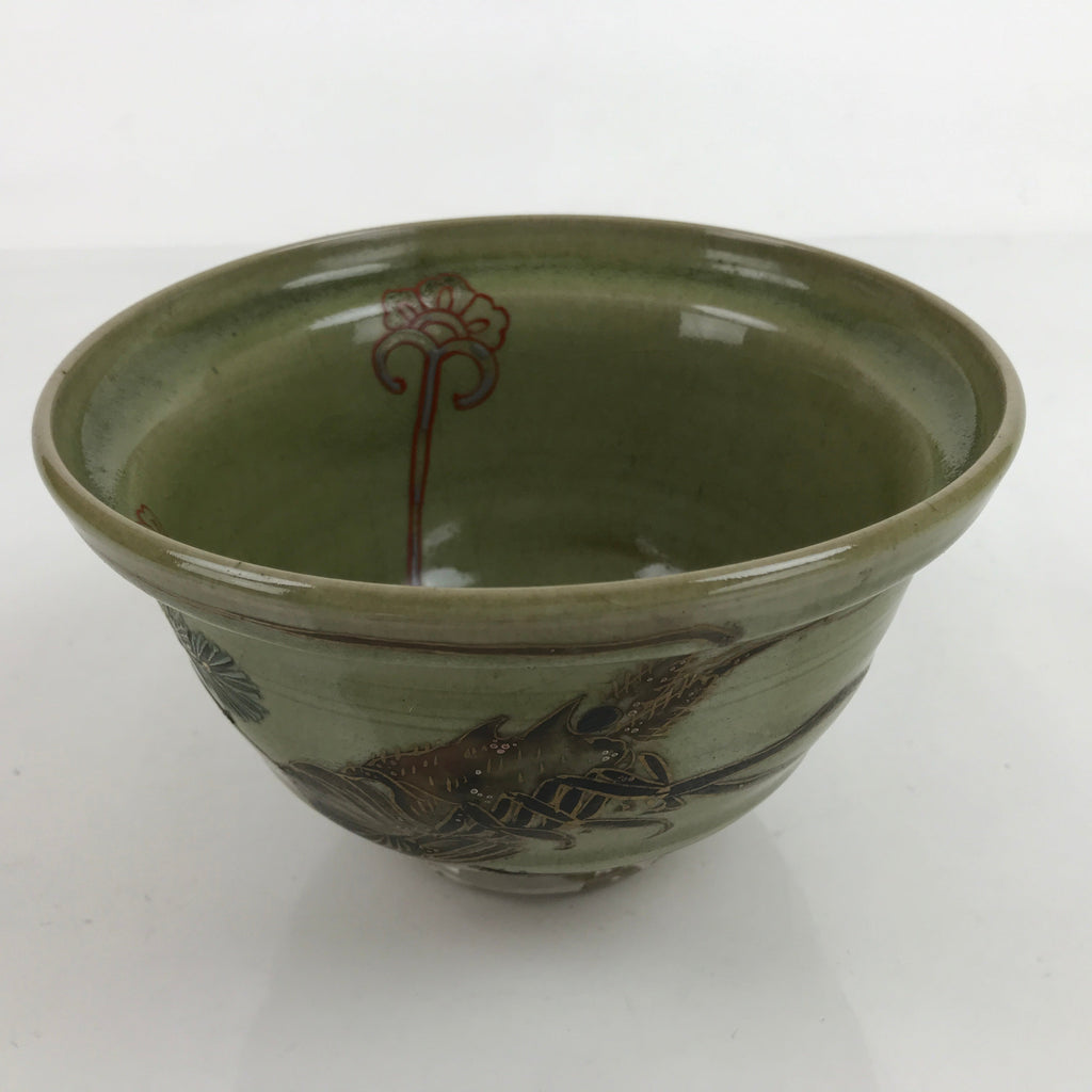 Japanese Ceramic Kensui Wastewater Bowl Vtg Tea Ceremony Basin Shrimp Green Y9