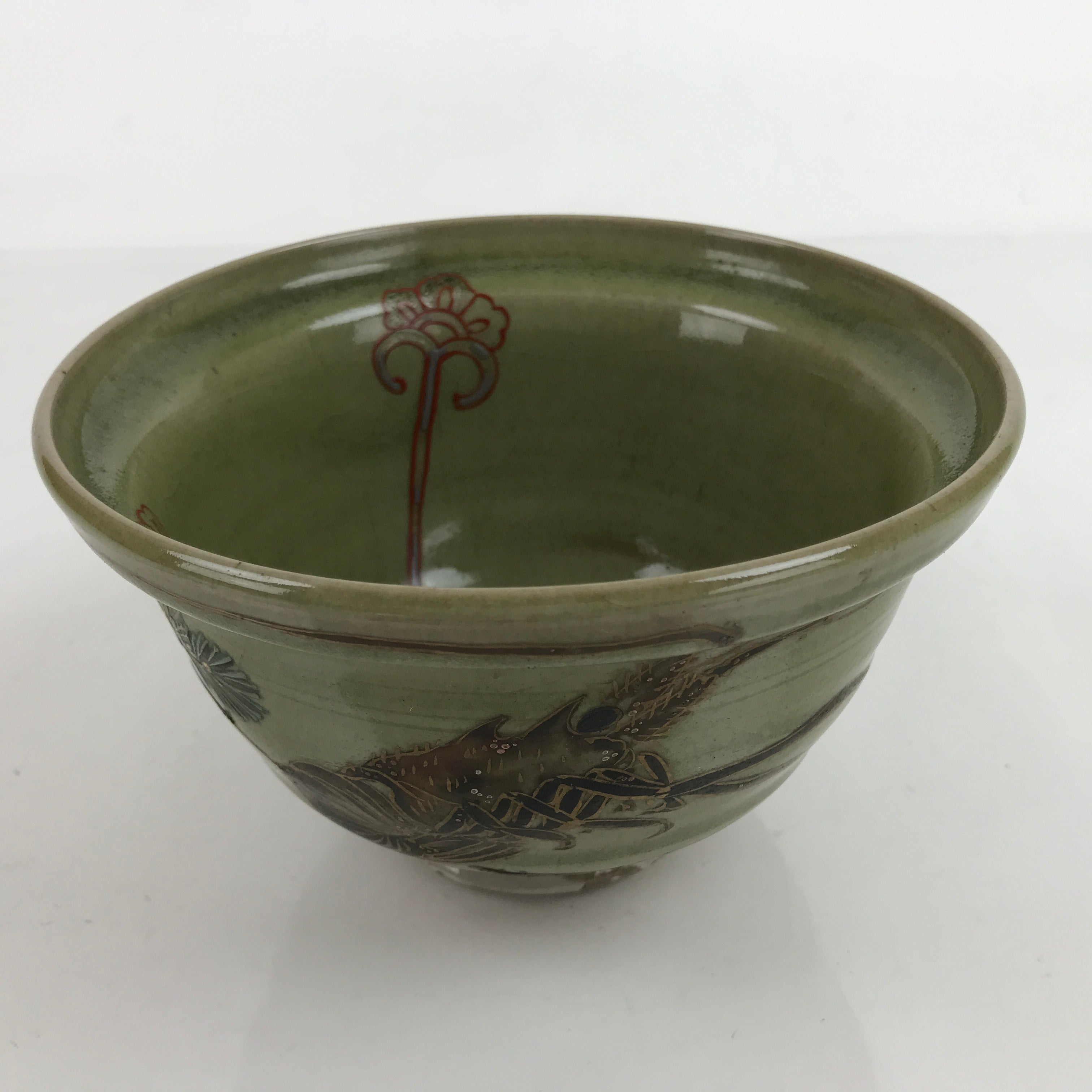 Japanese Ceramic Kensui Wastewater Bowl Vtg Tea Ceremony Basin Shrimp Green Y9