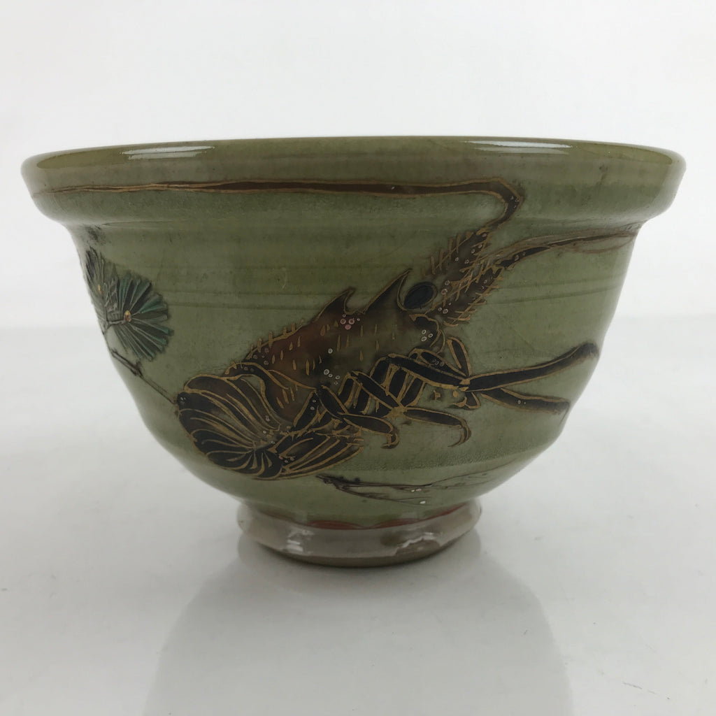 Japanese Ceramic Kensui Wastewater Bowl Vtg Tea Ceremony Basin Shrimp Green Y9