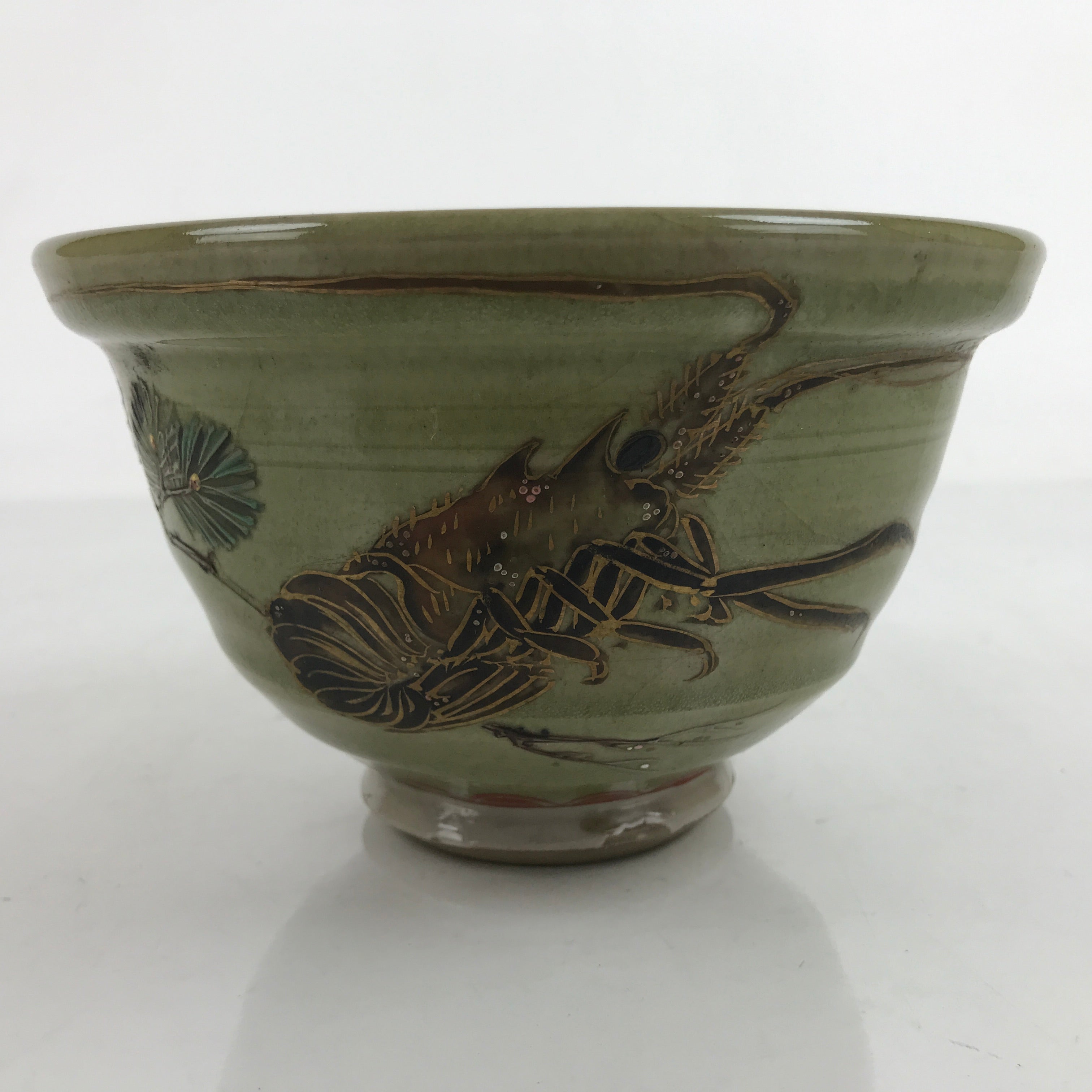 Japanese Ceramic Kensui Wastewater Bowl Vtg Tea Ceremony Basin Shrimp Green Y9