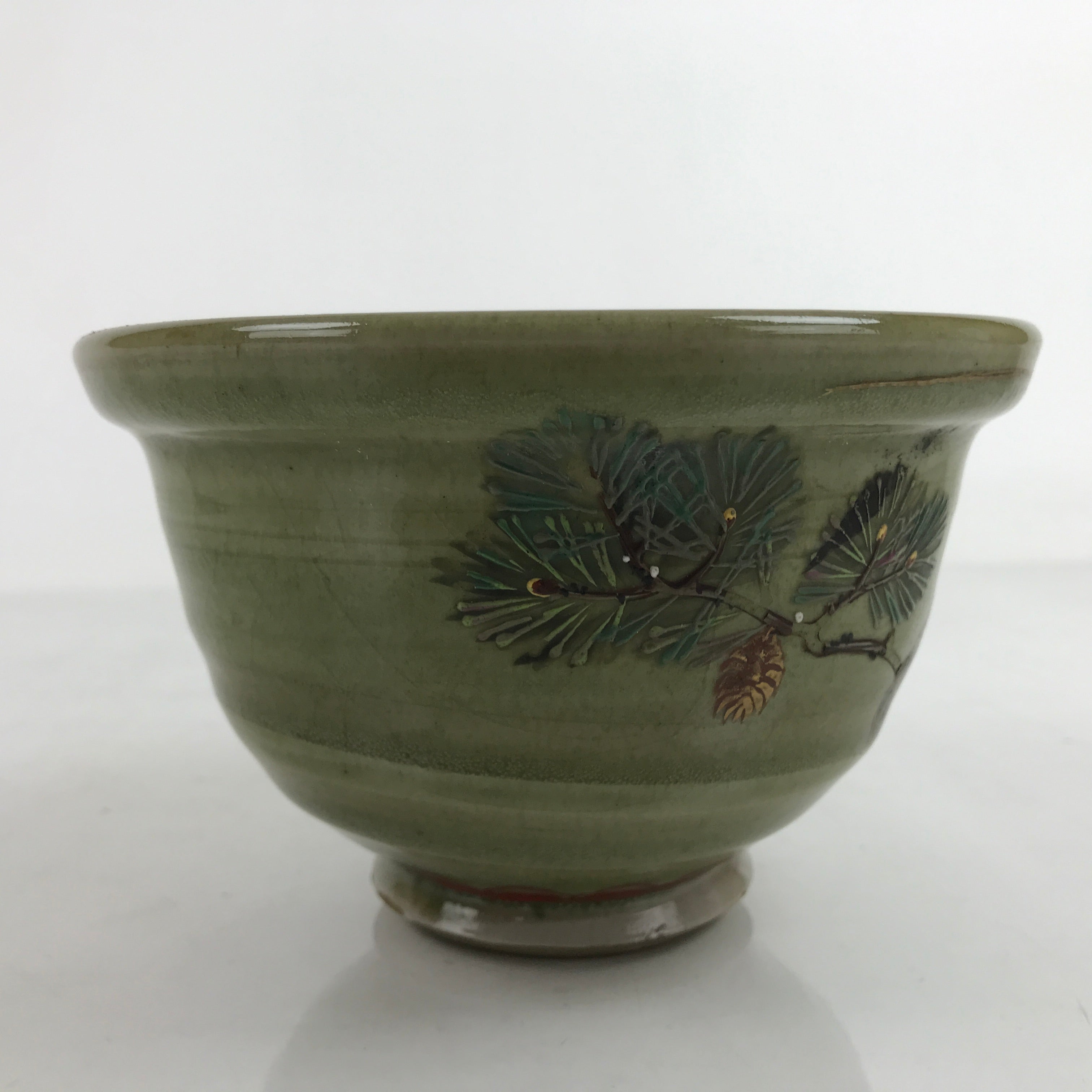 Japanese Ceramic Kensui Wastewater Bowl Vtg Tea Ceremony Basin Shrimp Green Y9