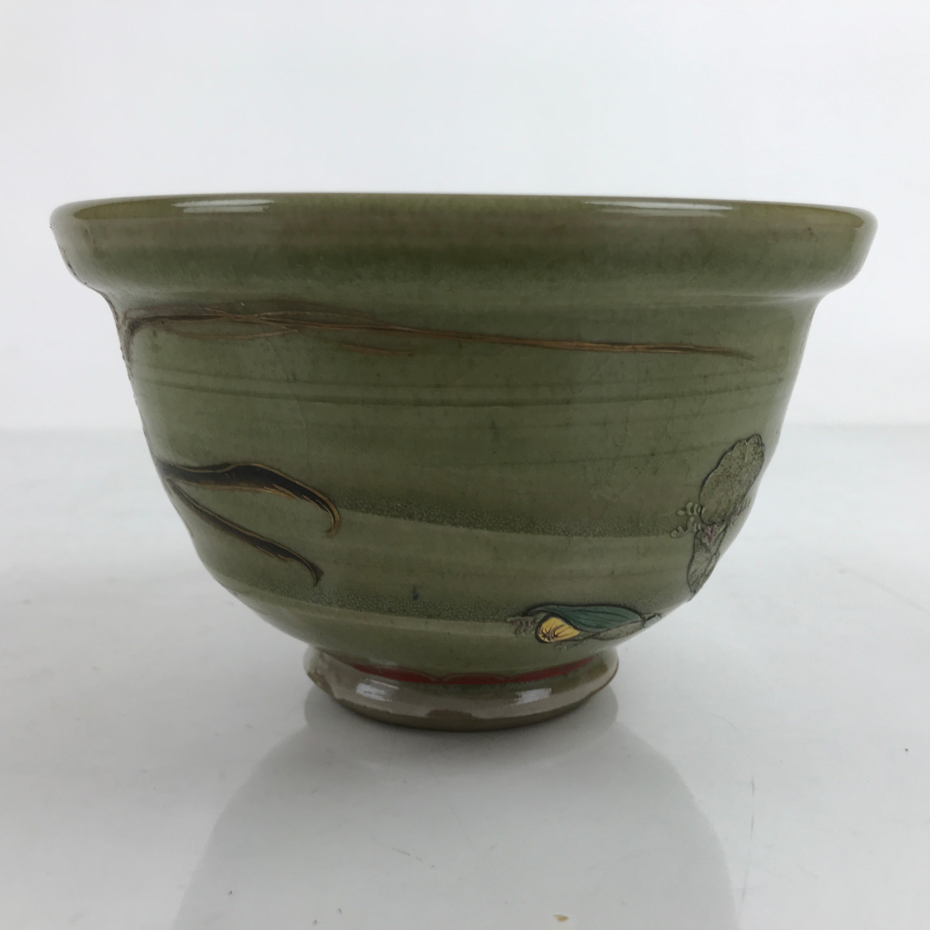 Japanese Ceramic Kensui Wastewater Bowl Vtg Tea Ceremony Basin Shrimp Green Y9
