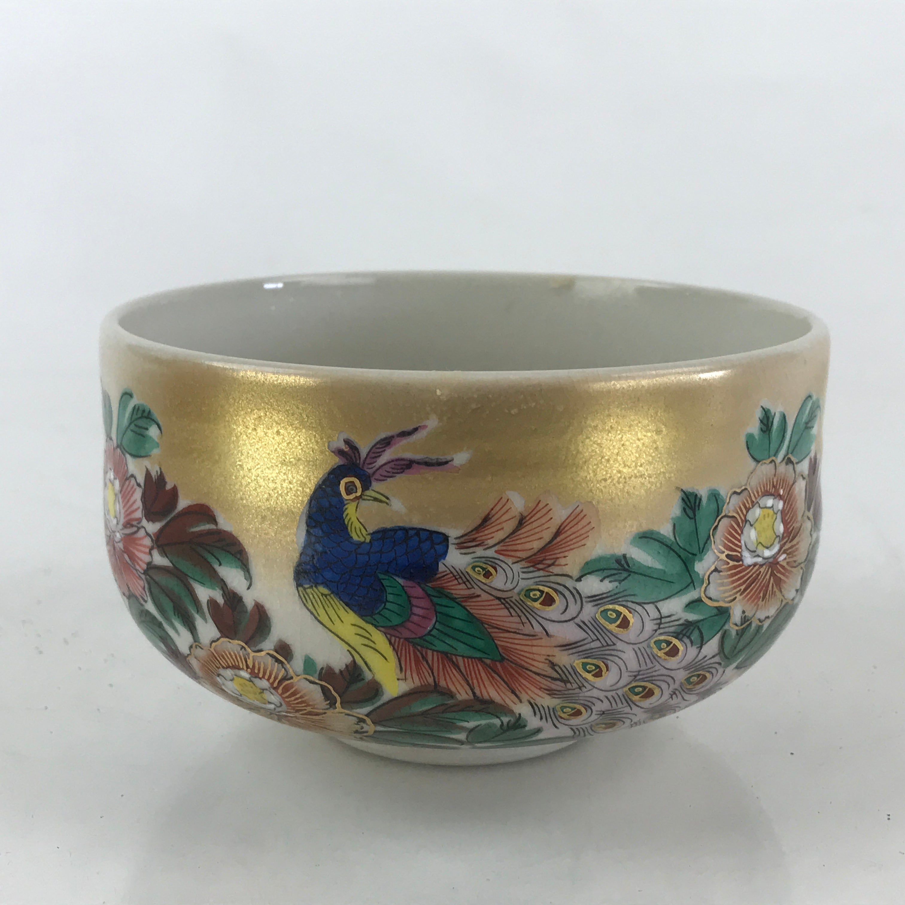 Japanese Ceramic Kutani Ware Kinsen Green Tea Bowl Vtg Matcha Chawan Peacock PX6